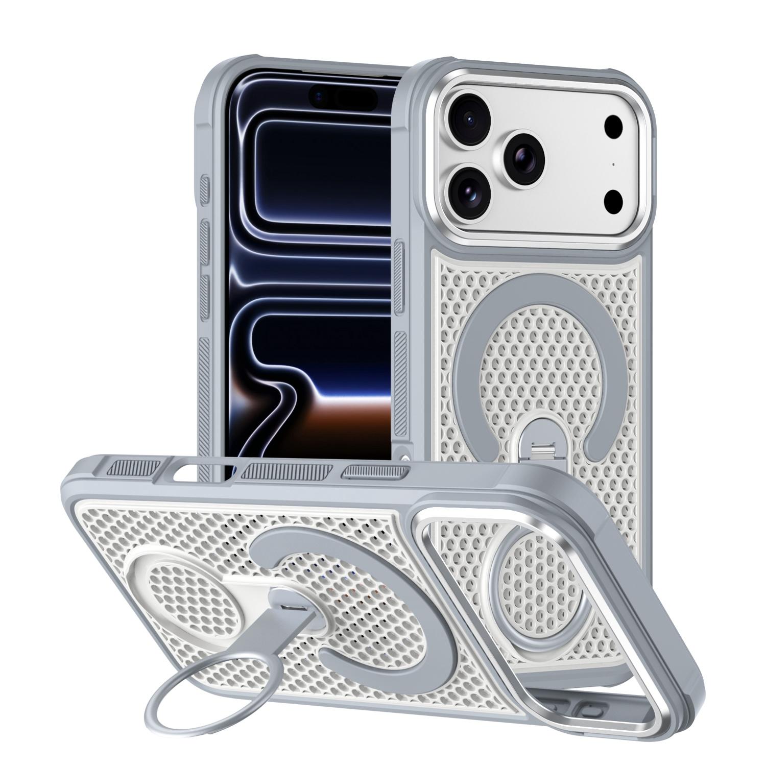 For iPhone 18 Pro Colorful Hollowed Cooling 360 Degree Rotation Ring Holder Magnetic Phone Case(White) - Shopkiz.com