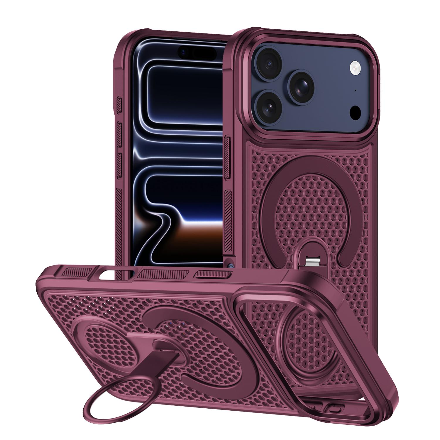 For iPhone 18 Pro Colorful Hollowed Cooling 360 Degree Rotation Ring Holder Magnetic Phone Case(Wine Red) - Shopkiz.com