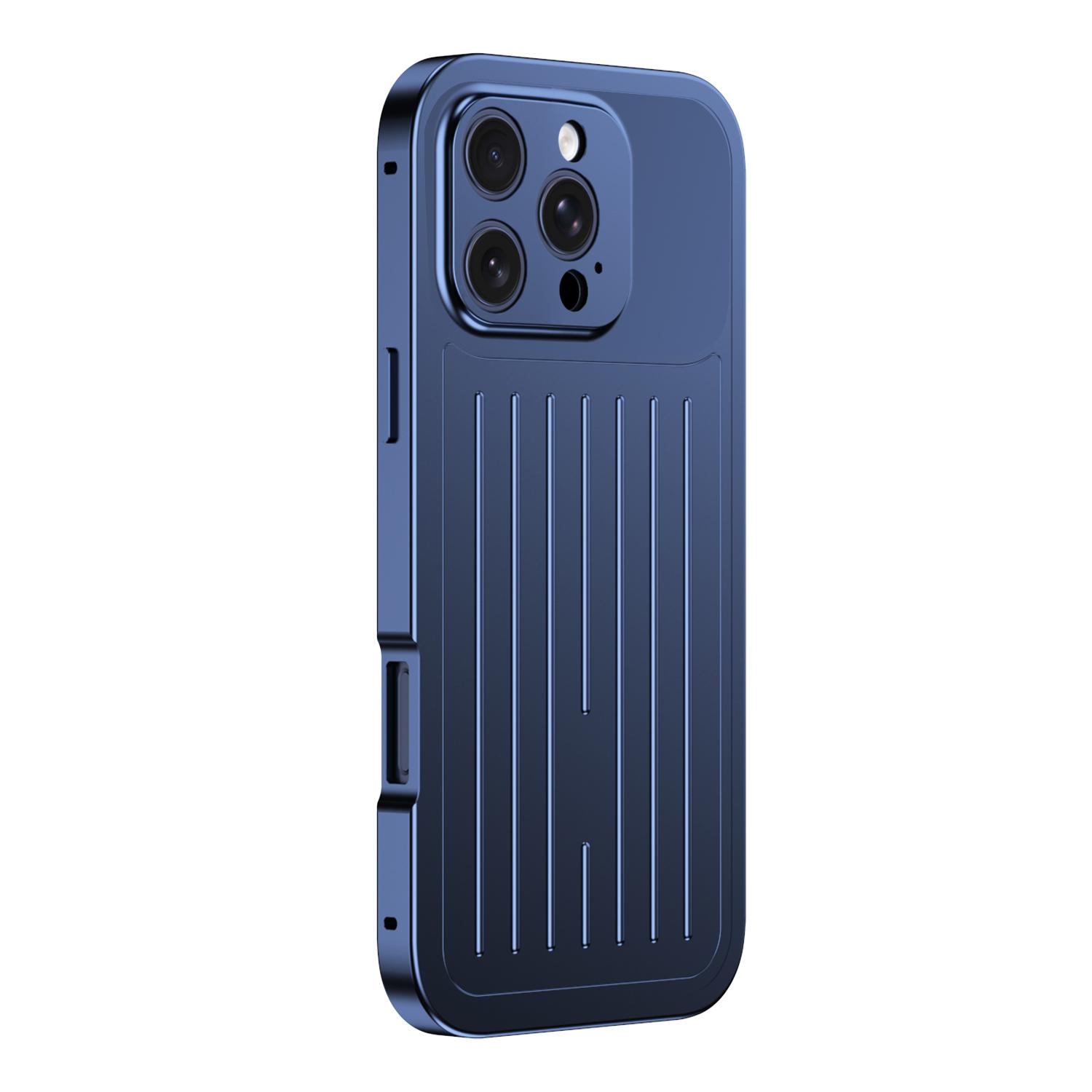 For iPhone 16 Pro Max Suitcase Texture Magnetic King Series Aluminum Alloy Phone Case with Tempered Glass Film(Blue) - Shopkiz.com