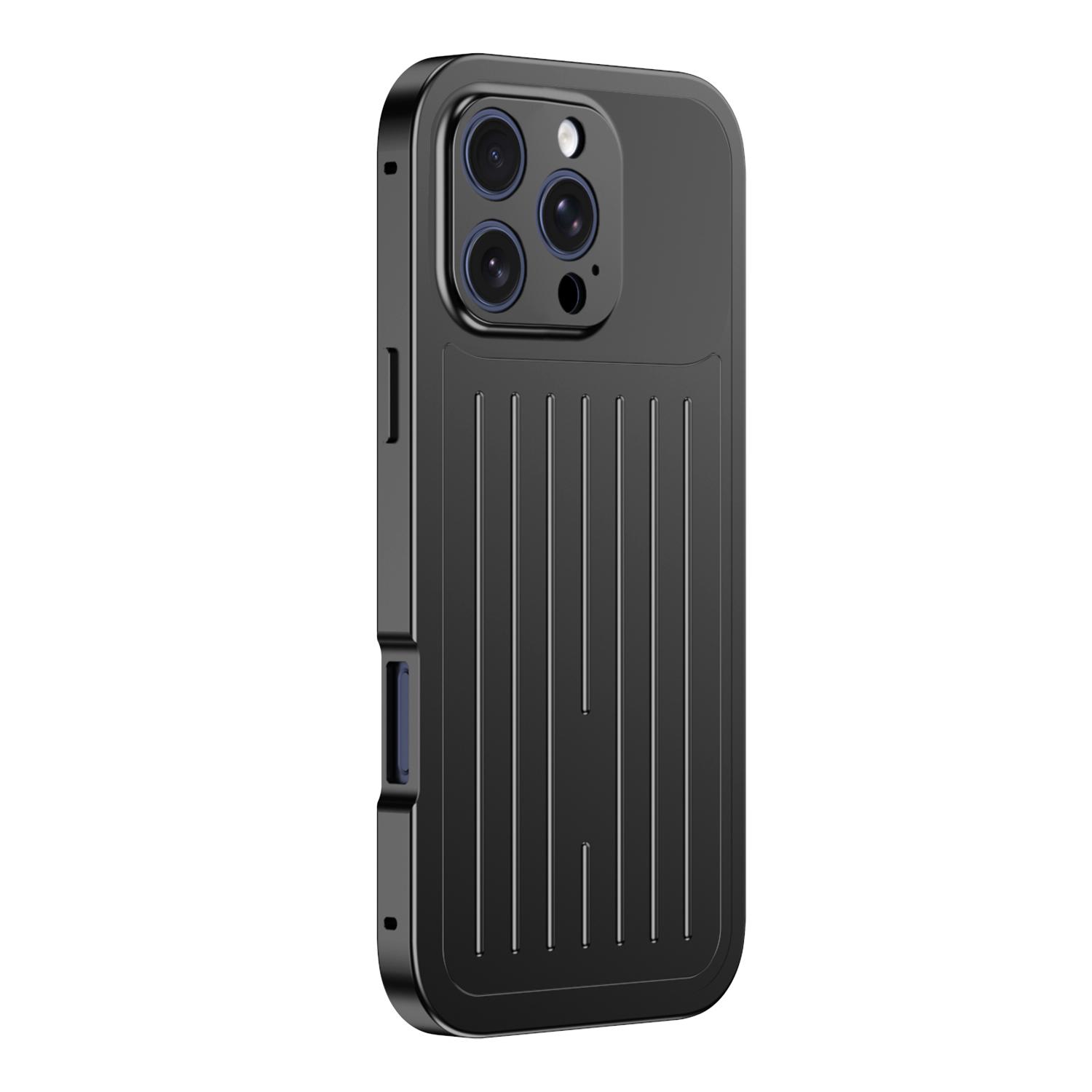 For iPhone 16 Pro Max Suitcase Texture Magnetic King Series Aluminum Alloy Phone Case with Tempered Glass Film(Black) - Shopkiz.com