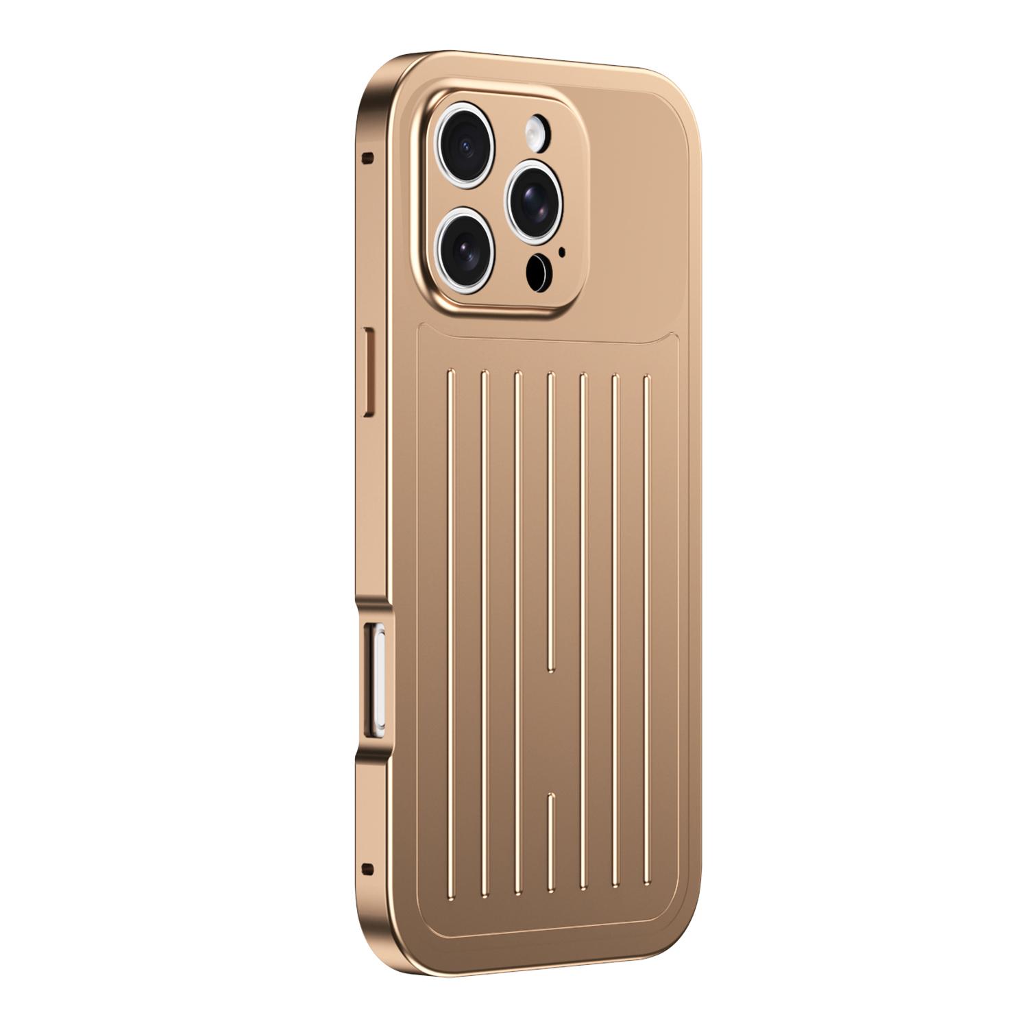 For iPhone 16 Pro Max Suitcase Texture Magnetic King Series Aluminum Alloy Phone Case with Tempered Glass Film(Gold) - Shopkiz.com