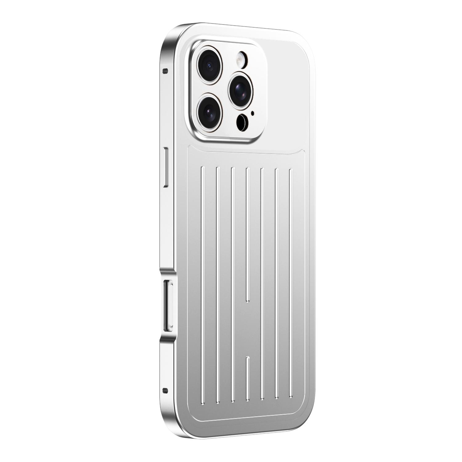 For iPhone 16 Pro Suitcase Texture Magnetic King Series Aluminum Alloy Phone Case with Tempered Glass Film(Silver) - Shopkiz.com