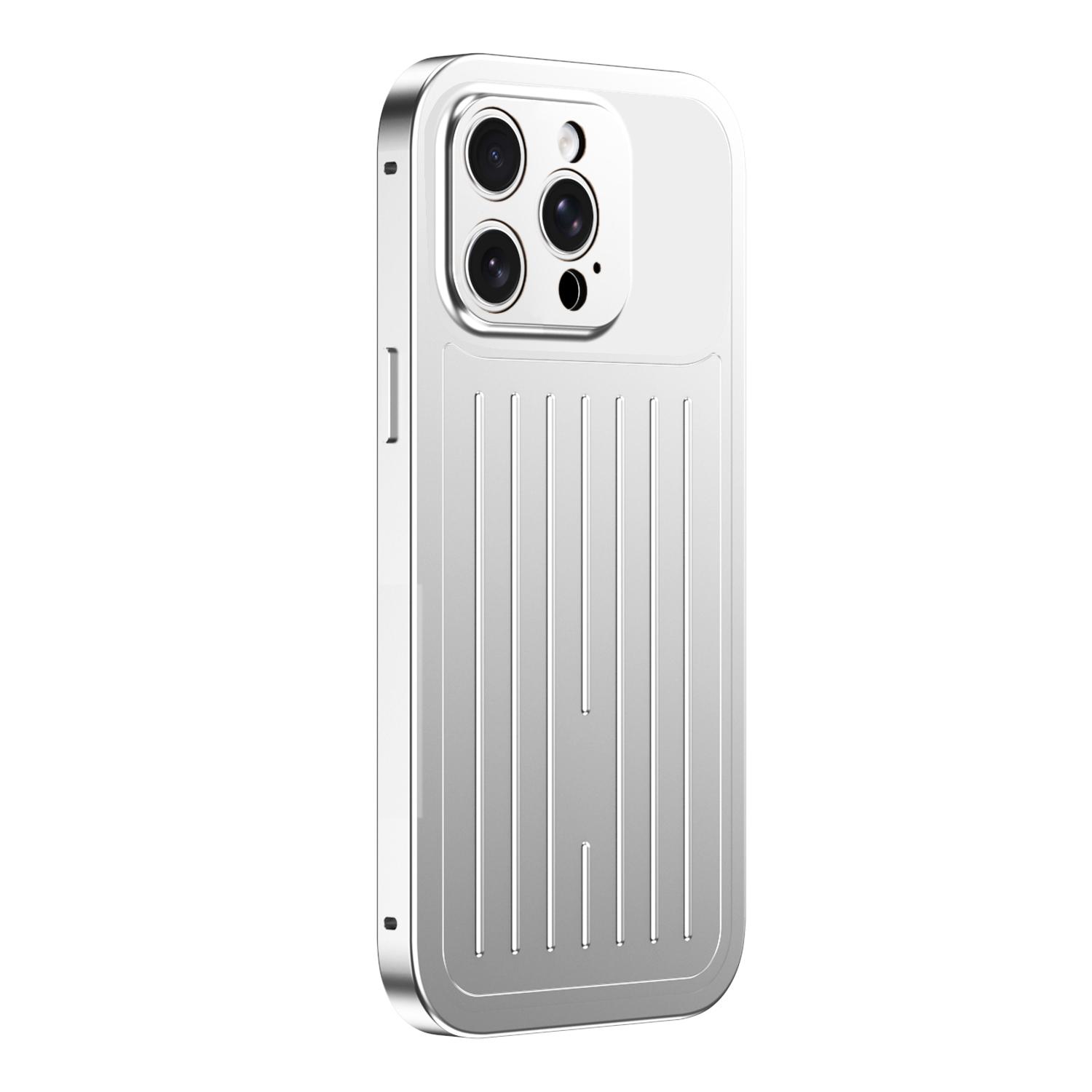 For iPhone 15 Pro Max Suitcase Texture Magnetic King Series Aluminum Alloy Phone Case with Tempered Glass Film(Silver) - Shopkiz.com