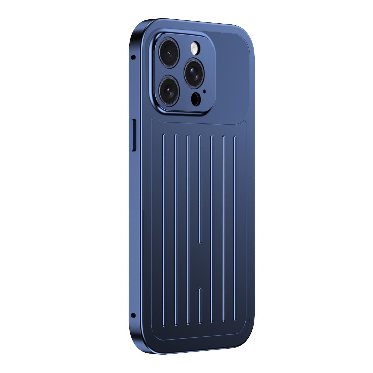 For iPhone 14 Pro Max Suitcase Texture Magnetic King Series Aluminum Alloy Phone Case with Tempered Glass Film(Blue) - Shopkiz.com