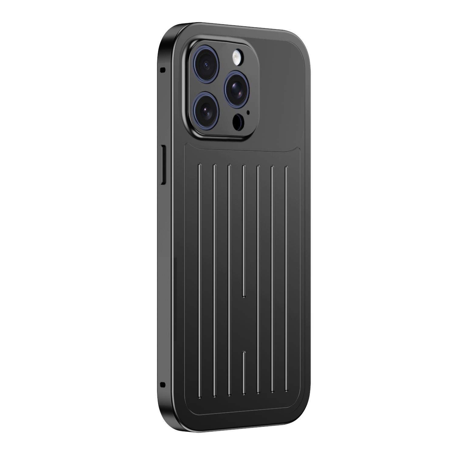 For iPhone 14 Pro Suitcase Texture Magnetic King Series Aluminum Alloy Phone Case with Tempered Glass Film(Black) - Shopkiz.com
