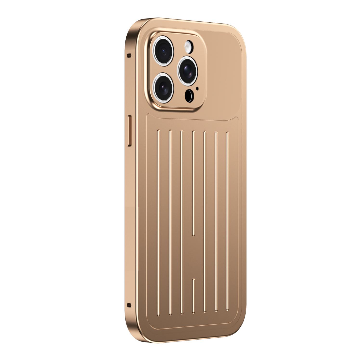 For iPhone 14 Pro Suitcase Texture Magnetic King Series Aluminum Alloy Phone Case with Tempered Glass Film(Gold) - Shopkiz.com