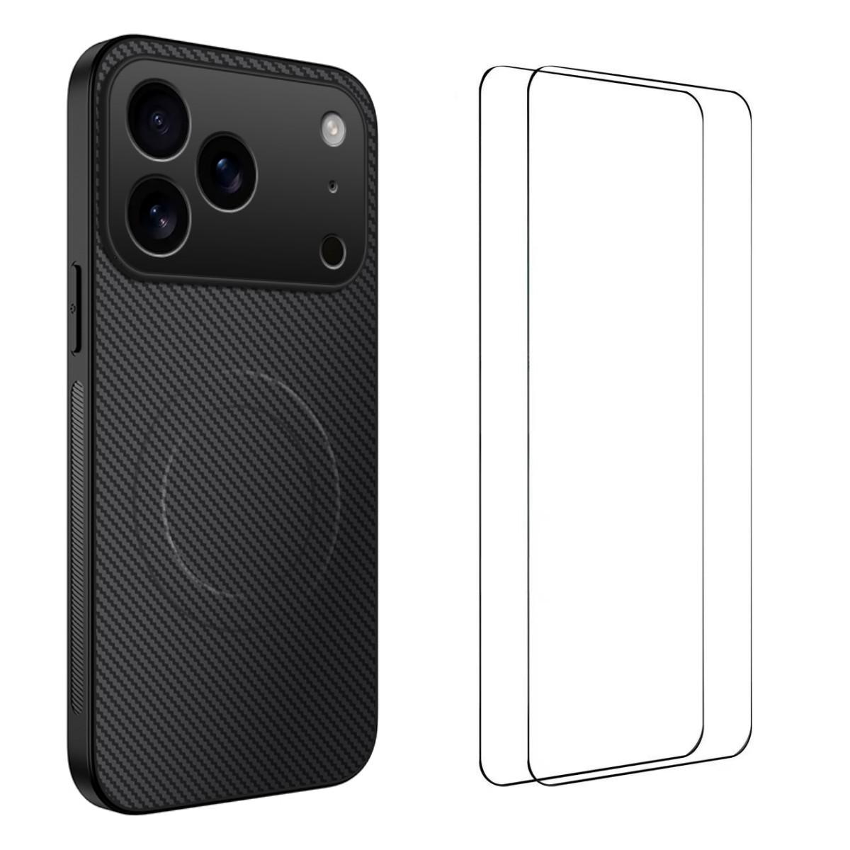 For iPhone 18 Pro WANLONFENG TQ1 Series Magnetic Carbon Fiber Texture Phone Case with 2pcs Screen Films(Black) - Shopkiz.com