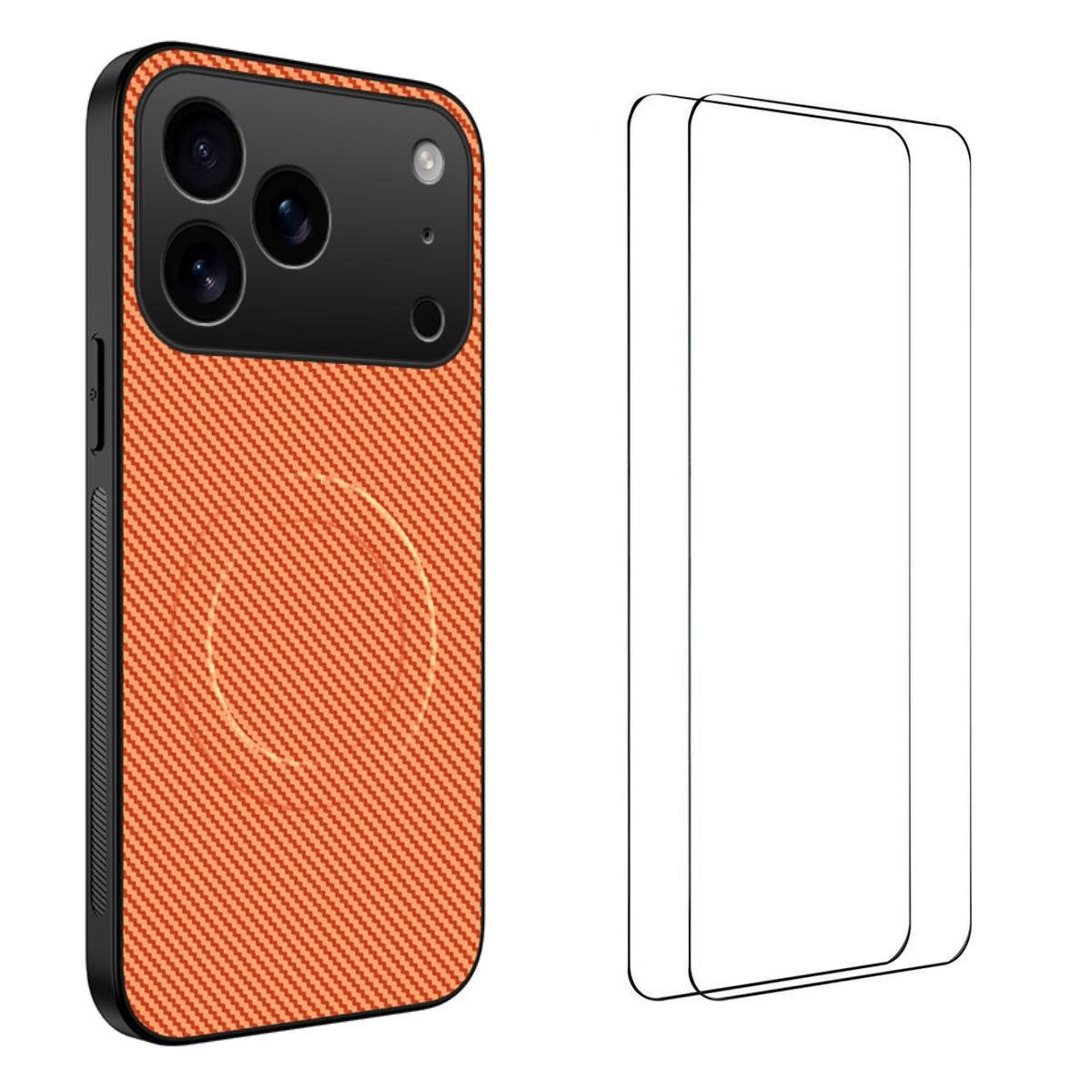 For iPhone 18 Pro WANLONFENG TQ1 Series Magnetic Carbon Fiber Texture Phone Case with 2pcs Screen Films(Orange) - Shopkiz.com