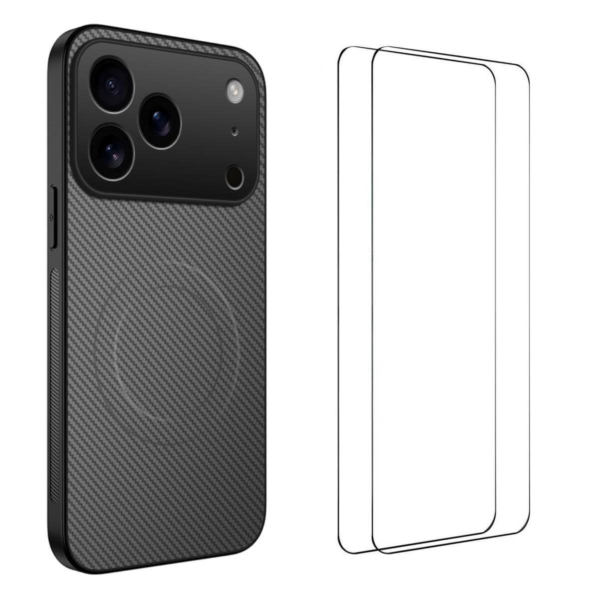 For iPhone 18 Pro Max WANLONFENG TQ1 Series Magnetic Carbon Fiber Texture Phone Case with 2pcs Screen Films(Grey) - Shopkiz.com