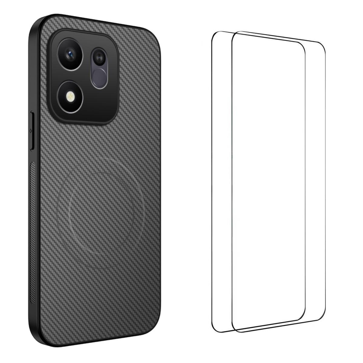 For Honor 600 Smart 5G WANLONFENG TQ1 Series Magnetic Carbon Fiber Texture Phone Case with 2pcs Screen Films(Grey) - Shopkiz.com
