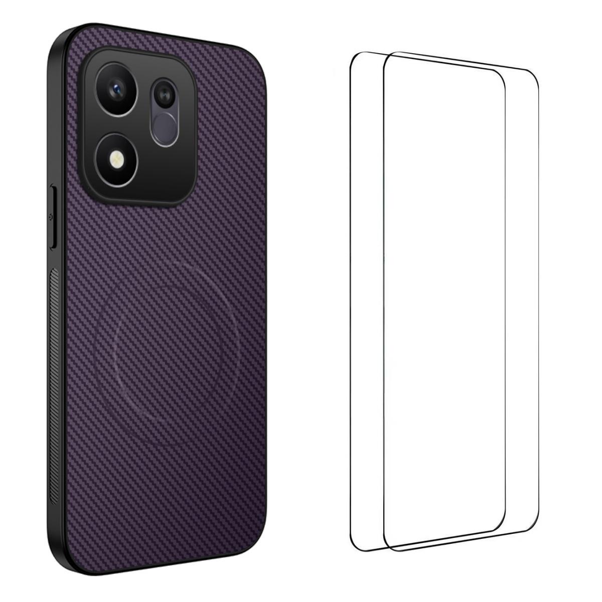 For Honor 600 Smart 5G WANLONFENG TQ1 Series Magnetic Carbon Fiber Texture Phone Case with 2pcs Screen Films(Purple) - Shopkiz.com
