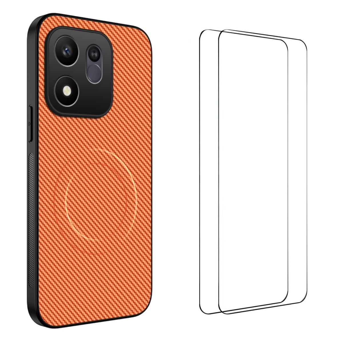 For Honor 600 Smart 5G WANLONFENG TQ1 Series Magnetic Carbon Fiber Texture Phone Case with 2pcs Screen Films(Orange) - Shopkiz.com