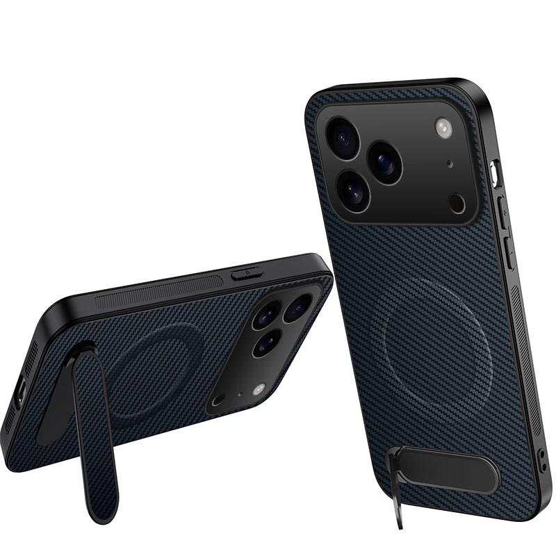 For iPhone 18 Pro WANLONFENG Kickstand Carbon Fiber Texture Magnetic Phone Case(Sapphire Blue) - Shopkiz.com