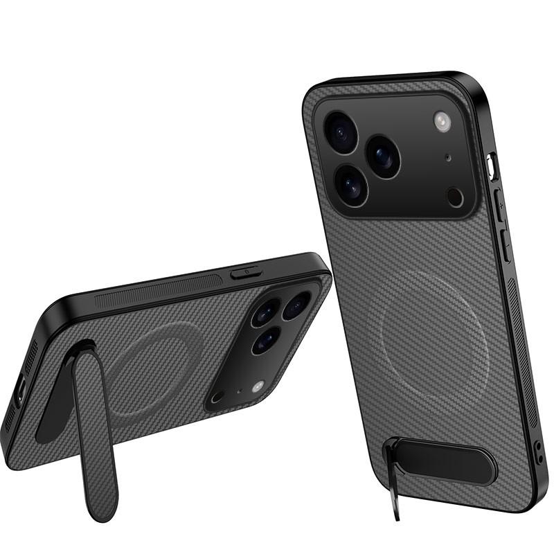 For iPhone 18 Pro Max WANLONFENG Kickstand Carbon Fiber Texture Magnetic Phone Case(Grey) - Shopkiz.com