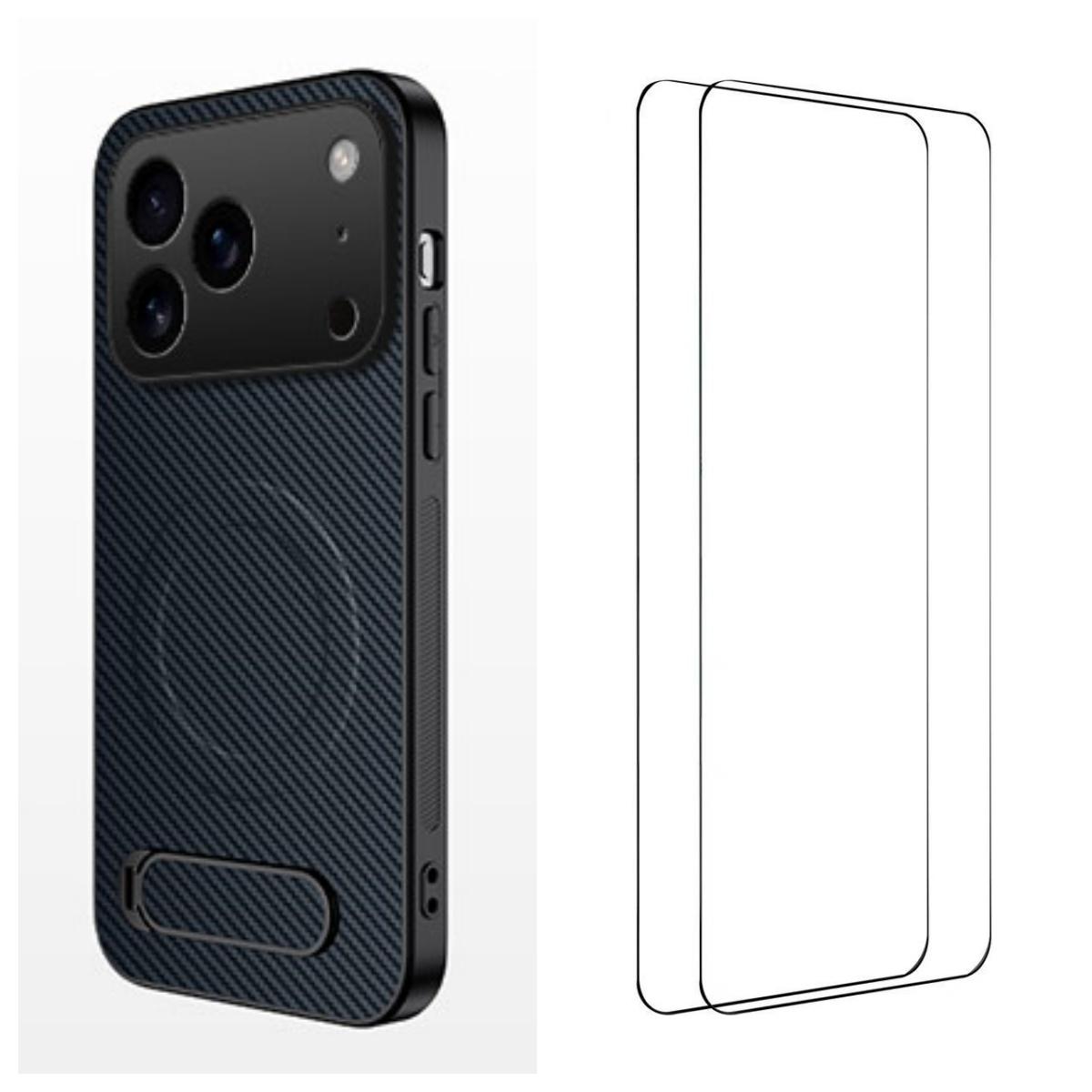 For iPhone 18 Pro WANLONFENG Kickstand Carbon Fiber Texture Magnetic Phone Case with 2pcs Screen Films(Sapphire Blue) - Shopkiz.com