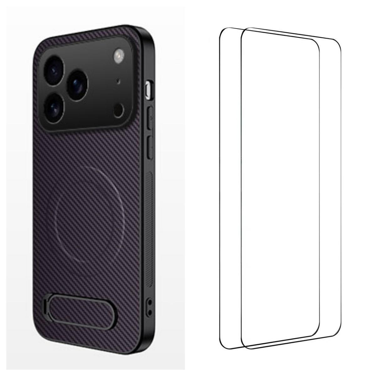For iPhone 18 Pro WANLONFENG Kickstand Carbon Fiber Texture Magnetic Phone Case with 2pcs Screen Films(Purple) - Shopkiz.com