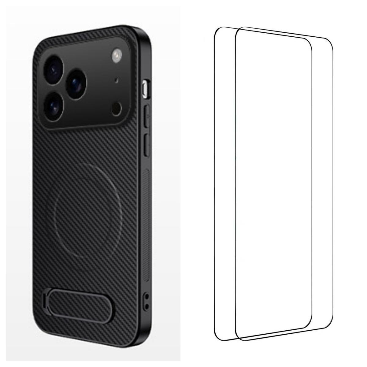 For iPhone 18 Pro Max WANLONFENG Kickstand Carbon Fiber Texture Magnetic Phone Case with 2pcs Screen Films(Black) - Shopkiz.com