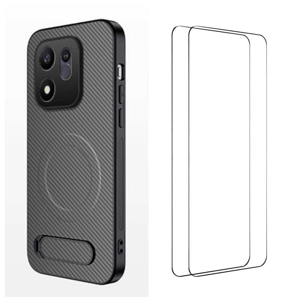 For Honor 600 Smart 5G WANLONFENG Kickstand Carbon Fiber Texture Magnetic Phone Case with 2pcs Screen Films(Grey) - Shopkiz.com