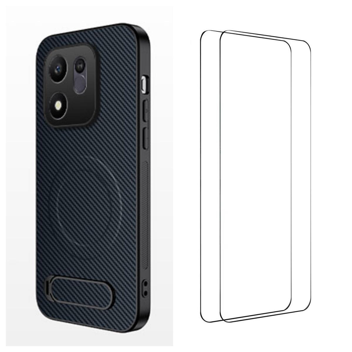 For Honor 600 Smart 5G WANLONFENG Kickstand Carbon Fiber Texture Magnetic Phone Case with 2pcs Screen Films(Sapphire Blue) - Shopkiz.com