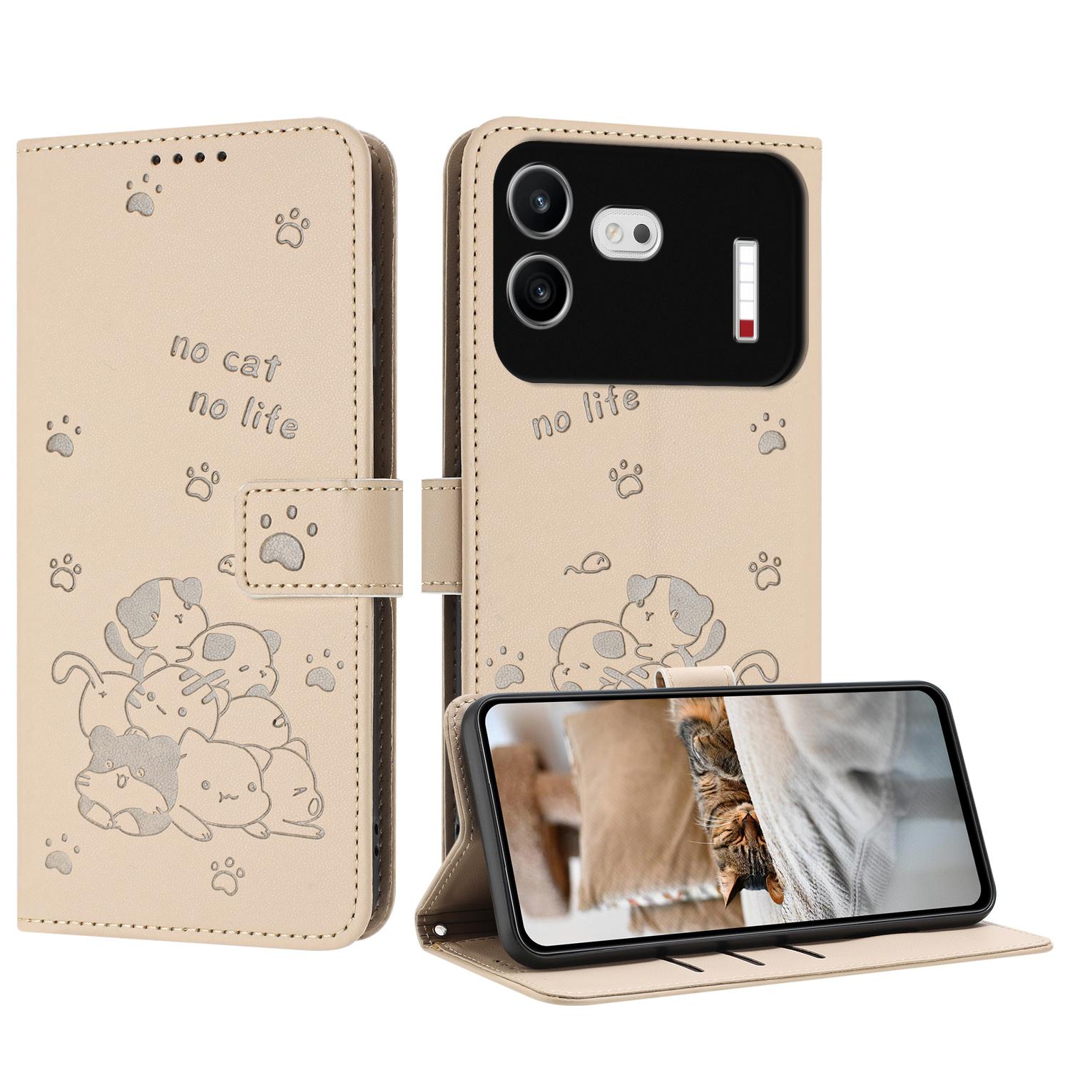 For Nothing Phone 4b Embossed Kitten Phone Leather Case with Lanyard(Beige) - Shopkiz.com