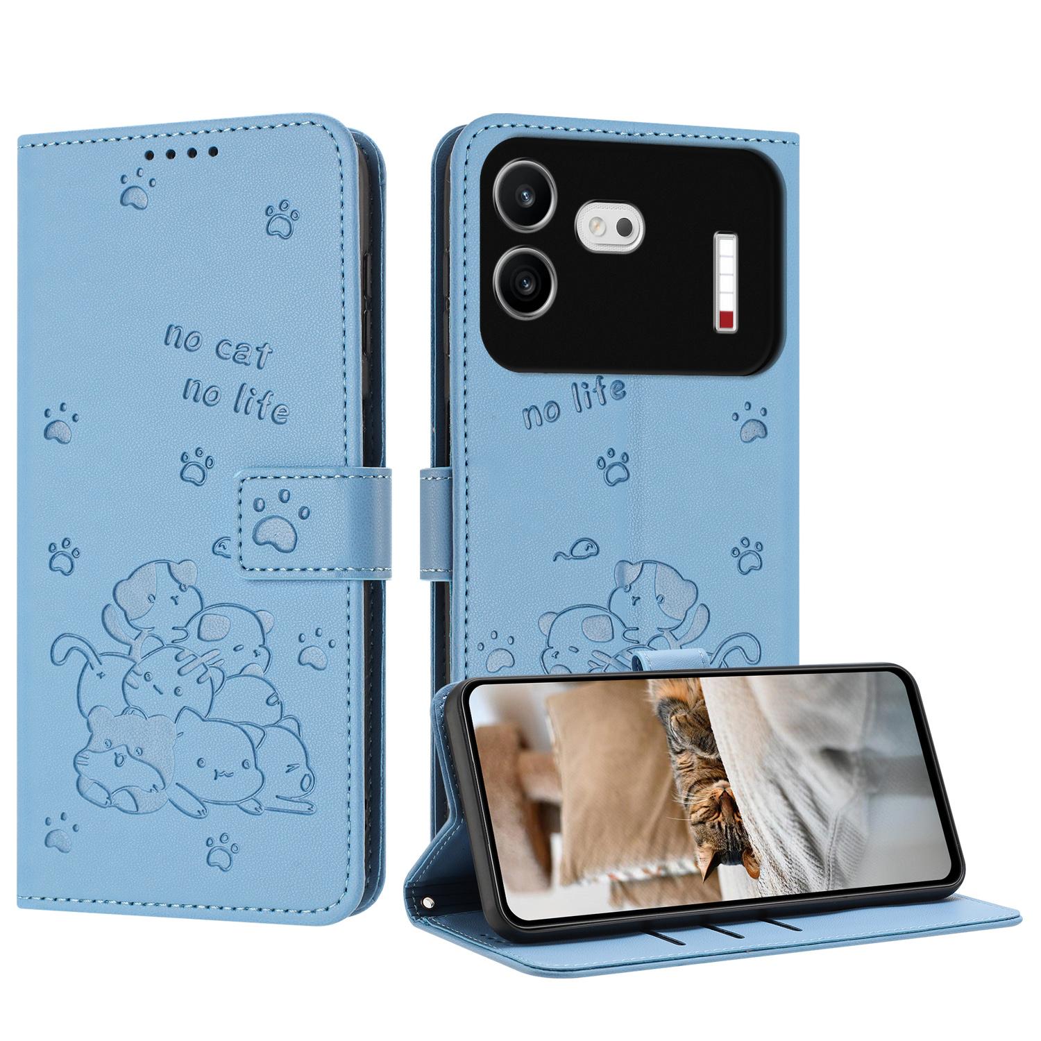 For Nothing Phone 4b Embossed Kitten Phone Leather Case with Lanyard(Blue) - Shopkiz.com