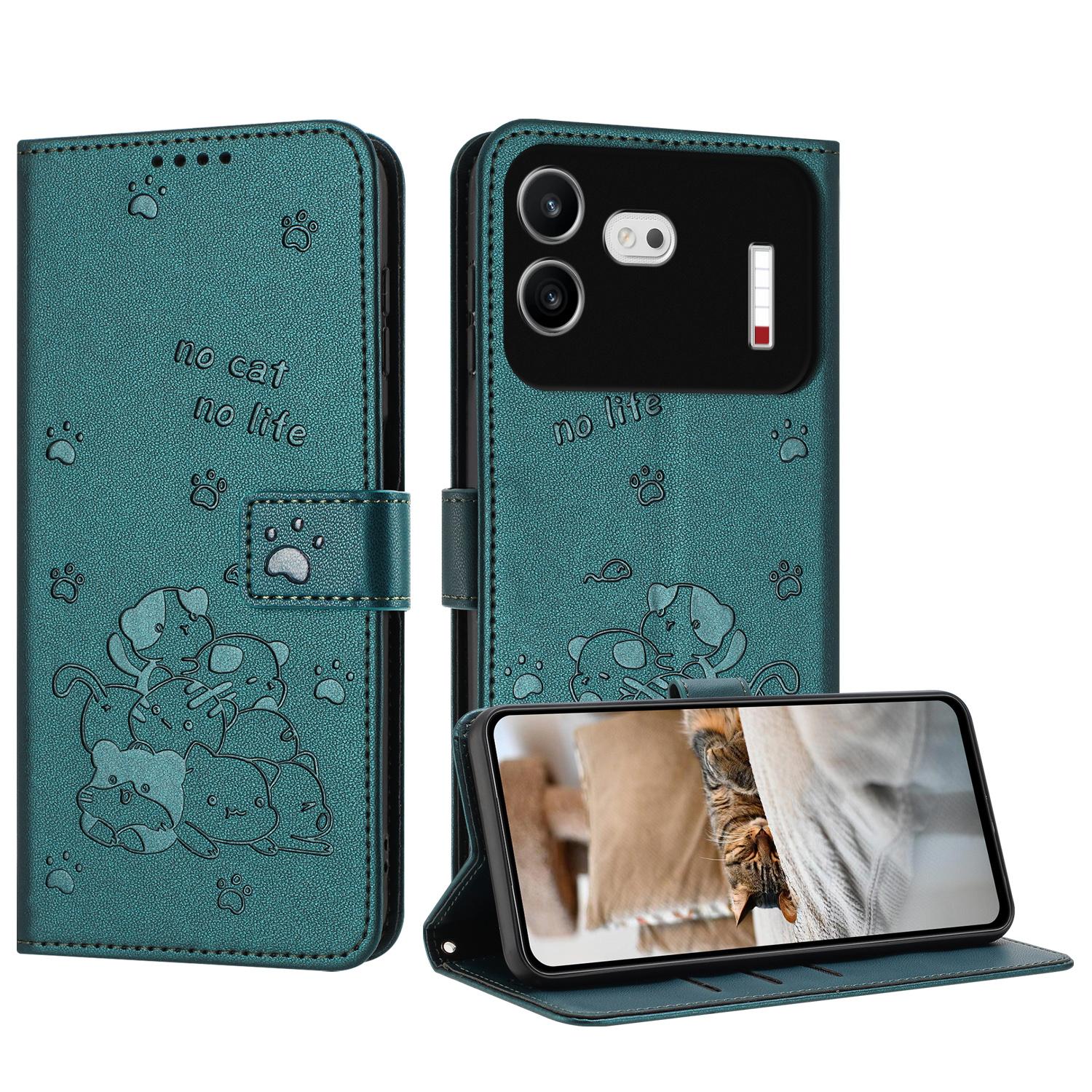 For Nothing Phone 4b Embossed Kitten Phone Leather Case with Lanyard(Dark Green) - Shopkiz.com