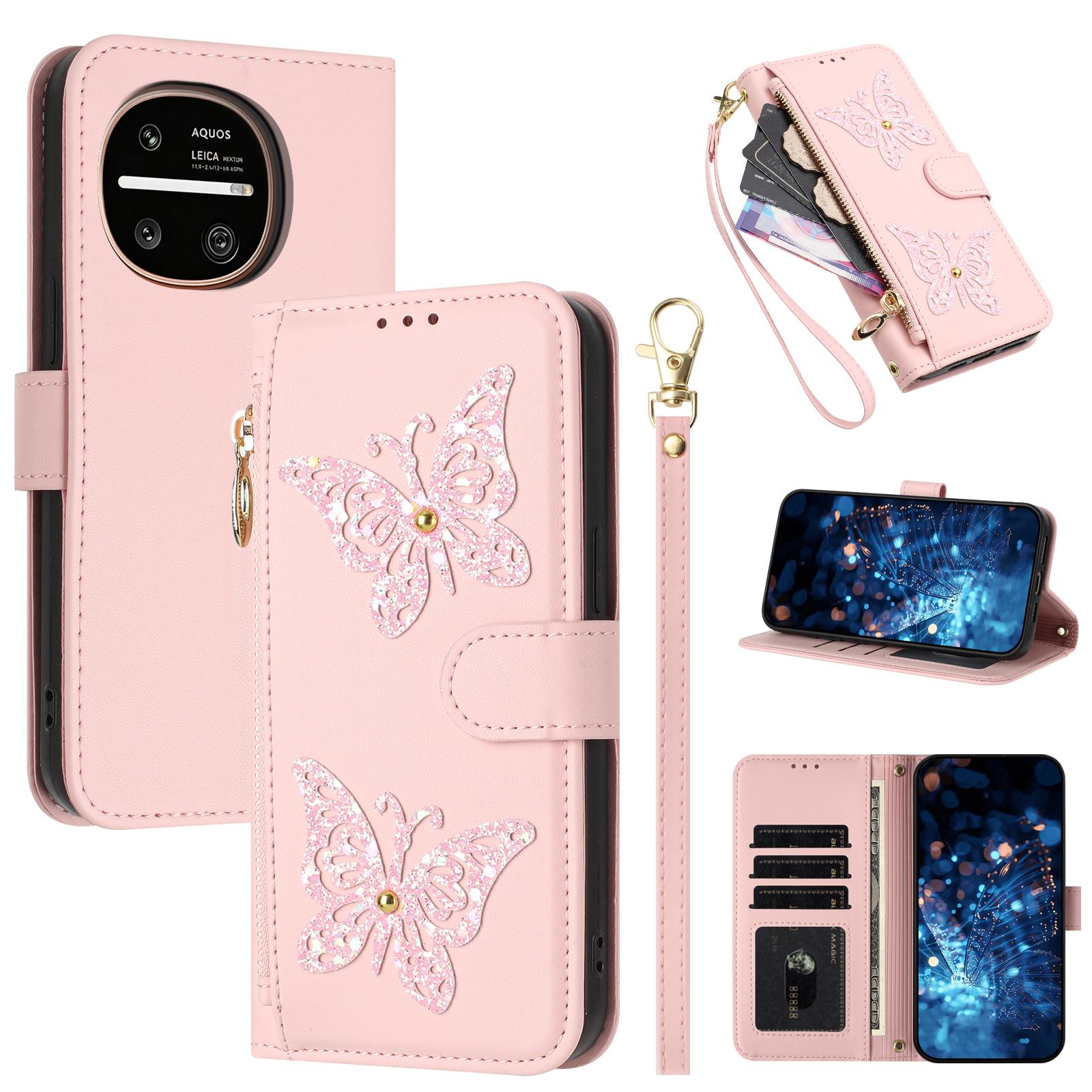 For Sharp Aquos R11 Glitter Butterfly Zipper Vegan Leather Phone Case with Wrist Strap(Pink) - Shopkiz.com