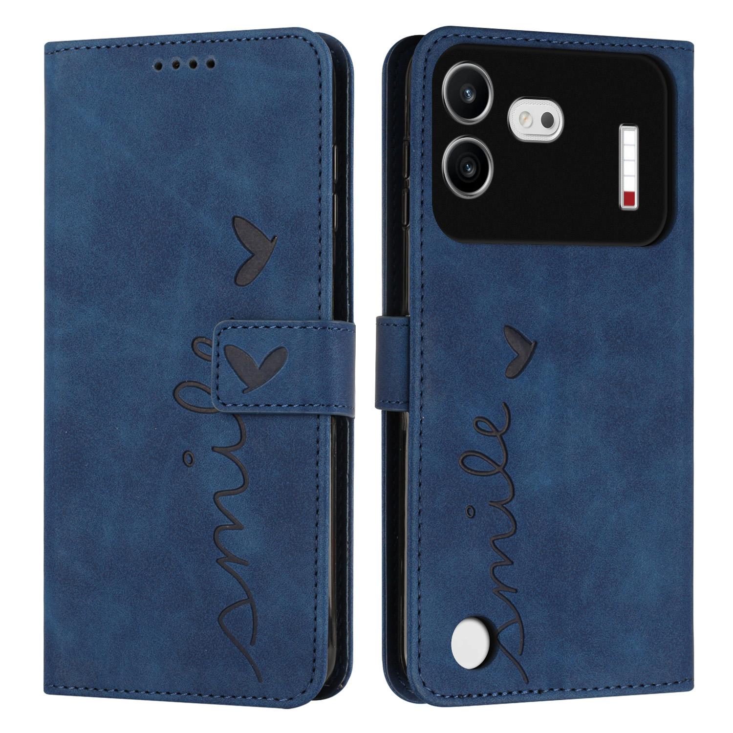 For Nothing Phone 4b Skin Feel Heart Embossed Leather Phone Case with Long Lanyard(Blue) - Shopkiz.com