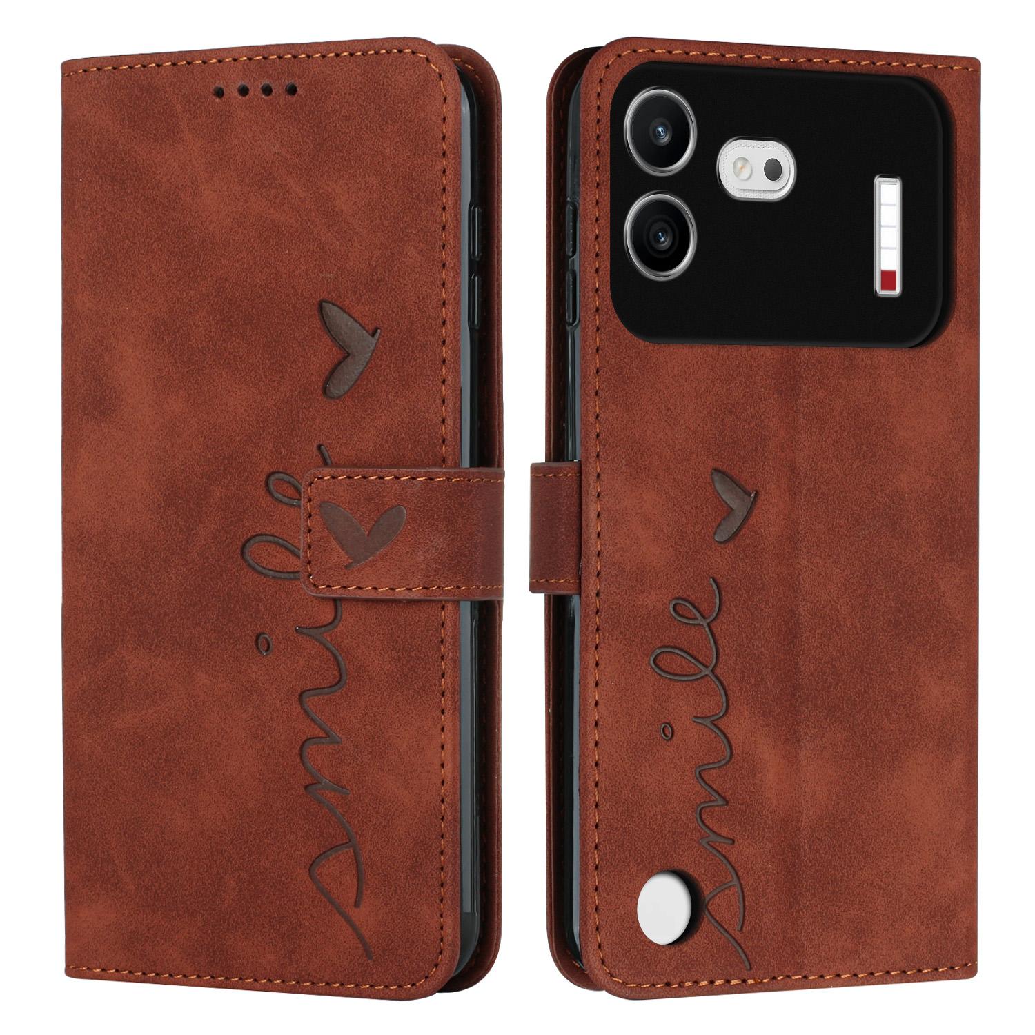 For Nothing Phone 4b Skin Feel Heart Embossed Leather Phone Case with Long Lanyard(Brown) - Shopkiz.com