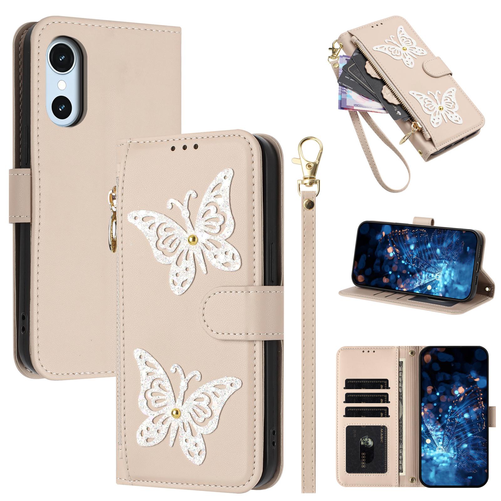 For Fujitsu Arrows We3 Glitter Butterfly Zipper Vegan Leather Phone Case with Wrist Strap(Apricot) - Shopkiz.com