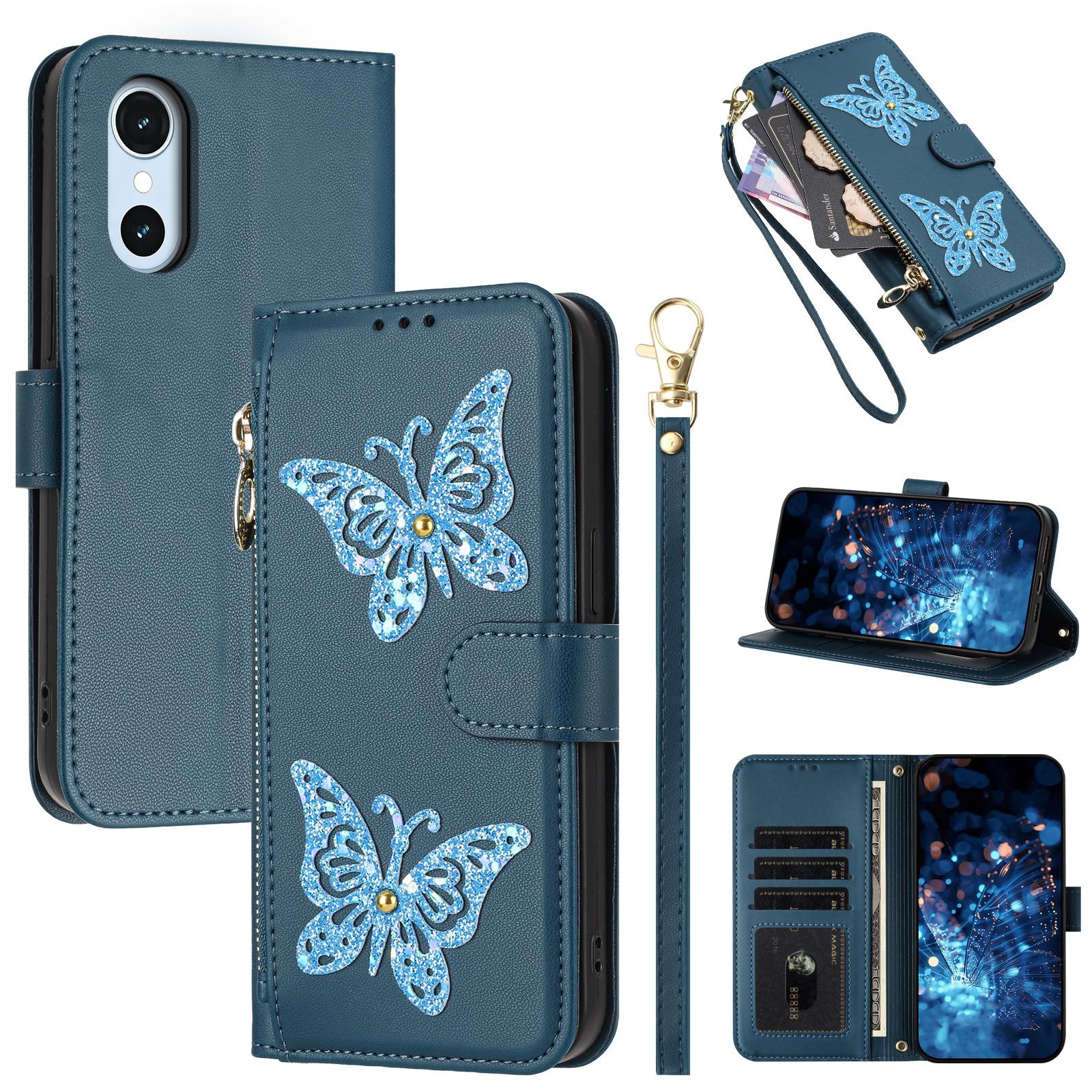For Fujitsu Arrows We3 Glitter Butterfly Zipper Vegan Leather Phone Case with Wrist Strap(Blue) - Shopkiz.com