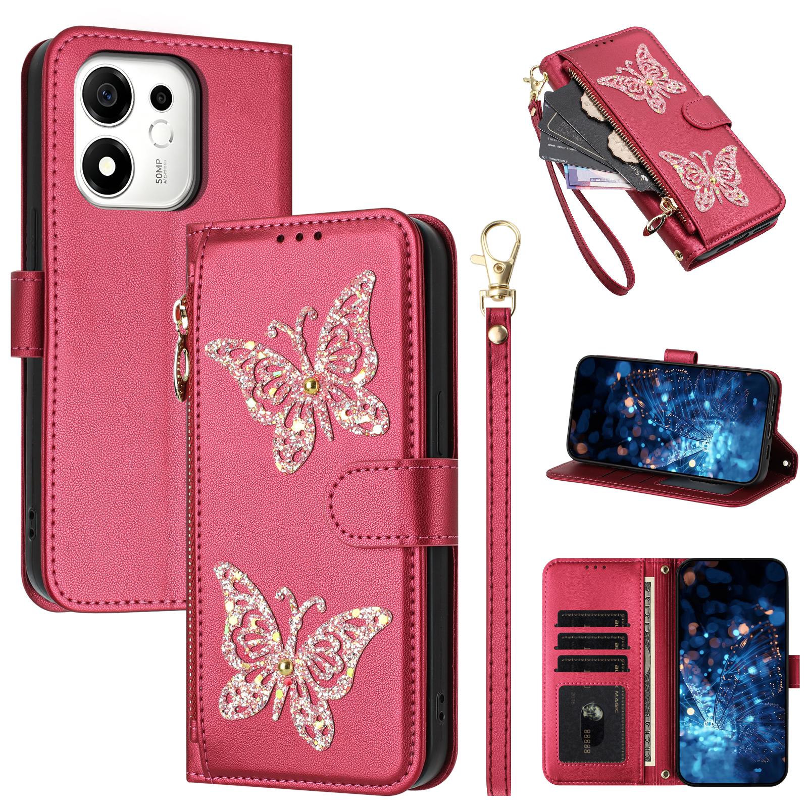 For Honor 600 Smart 5G Global Glitter Butterfly Zipper Vegan Leather Phone Case with Wrist Strap(Rose Red) - Shopkiz.com