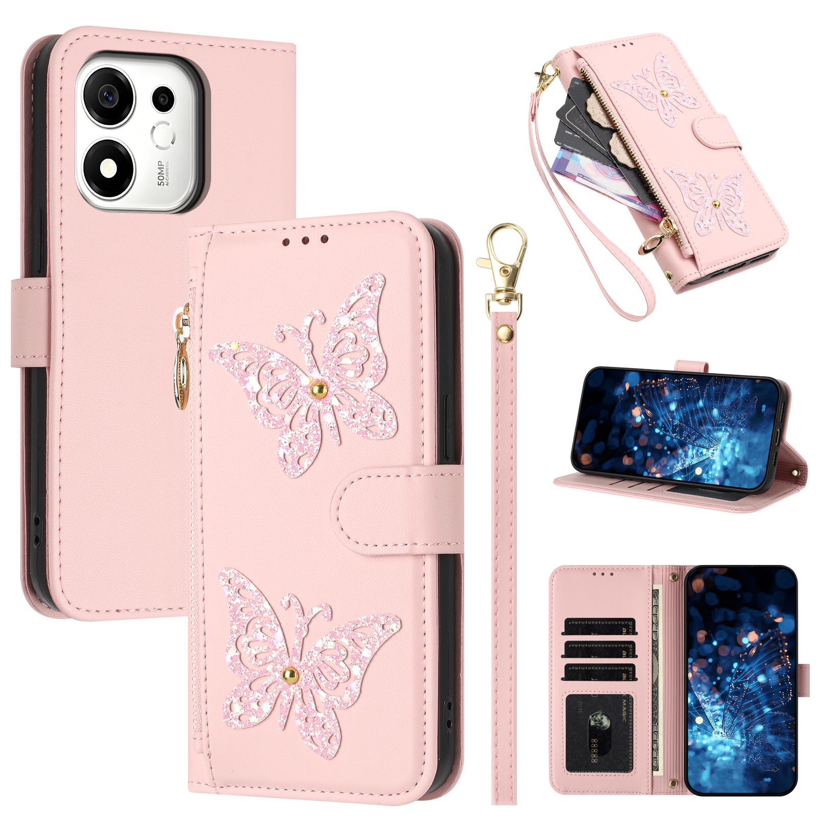 For Honor 600 Smart 5G Global Glitter Butterfly Zipper Vegan Leather Phone Case with Wrist Strap(Pink) - Shopkiz.com