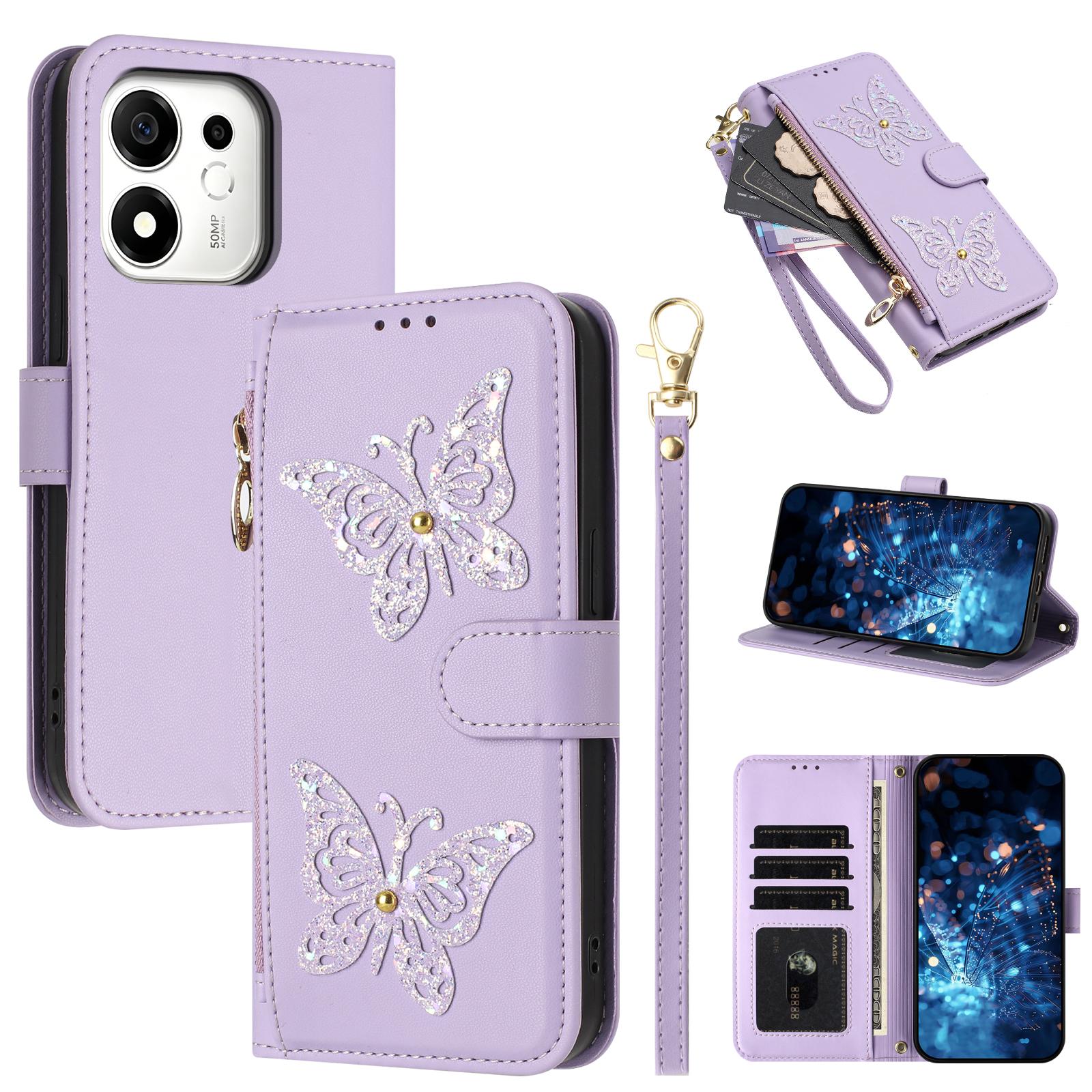 For Honor 600 Smart 5G Global Glitter Butterfly Zipper Vegan Leather Phone Case with Wrist Strap(Purple) - Shopkiz.com