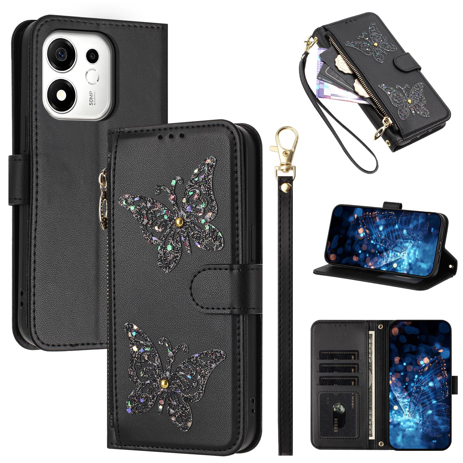 For Honor 600 Smart 5G Global Glitter Butterfly Zipper Vegan Leather Phone Case with Wrist Strap(Black) - Shopkiz.com
