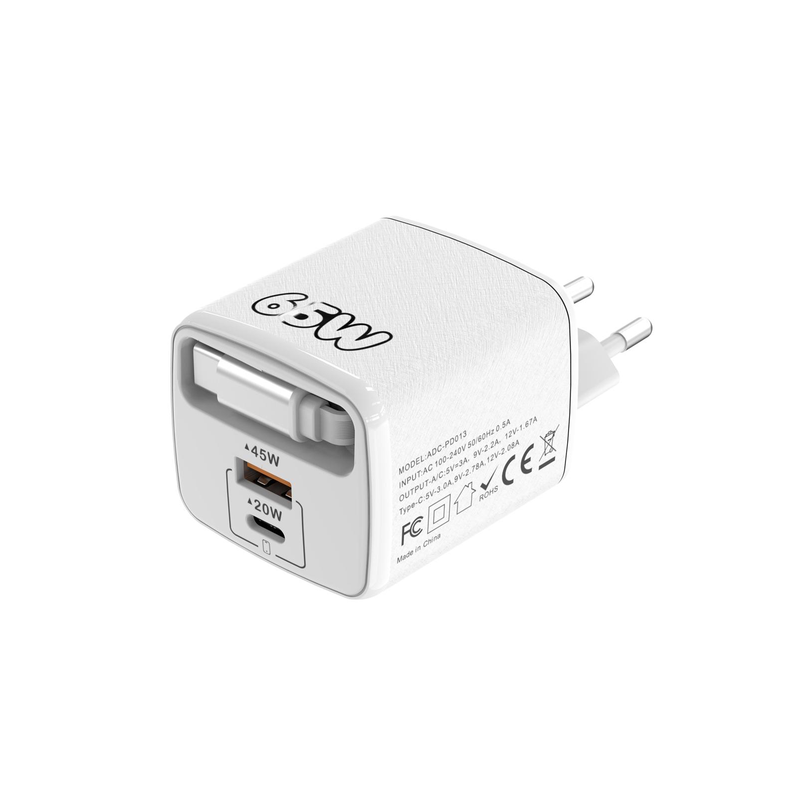 ADC-PD013 Sugar Cube 65W Type-C and USB Dual-port Fast Charger with Type-C Retractable Cable, Plug:EU Plug(White) - Shopkiz.com