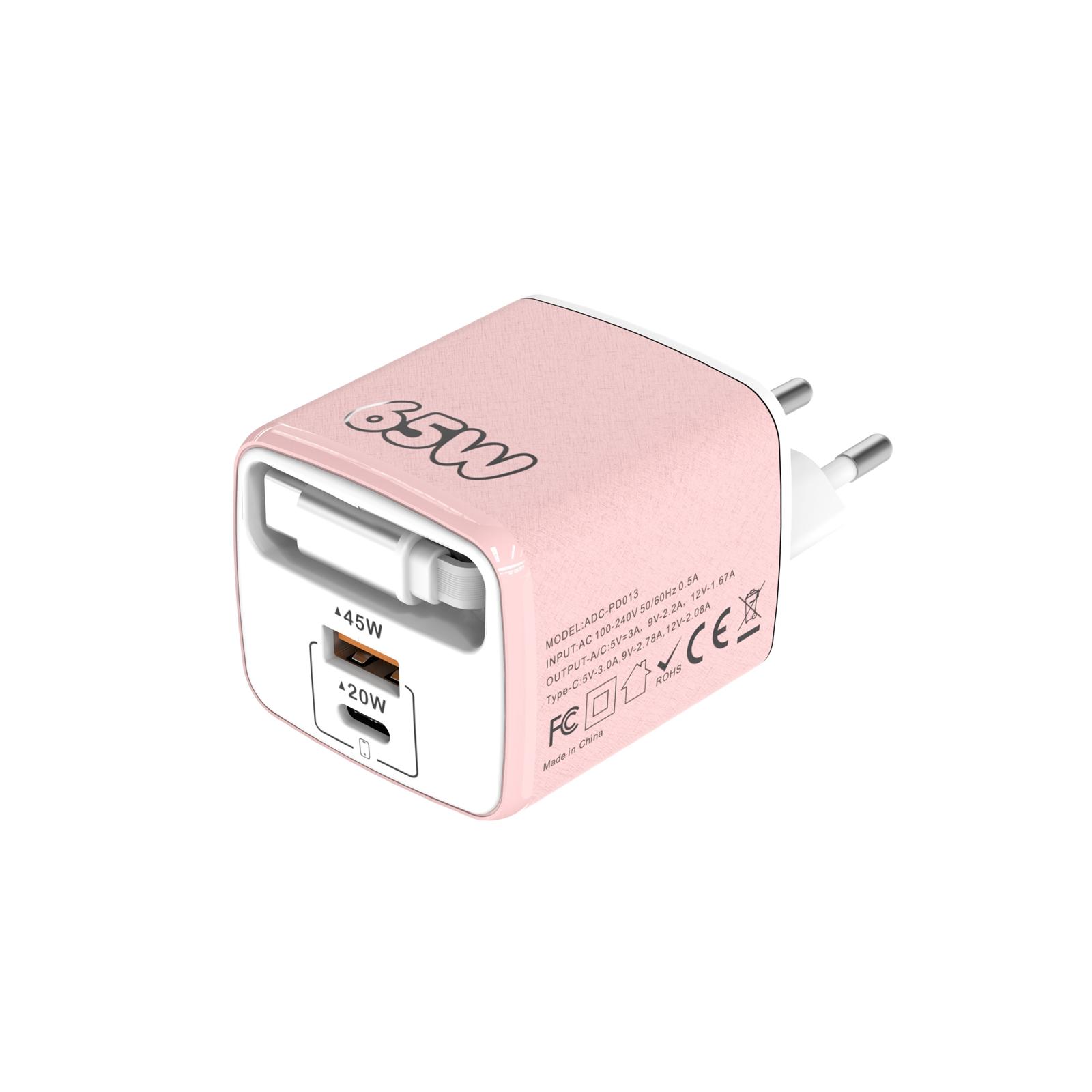 ADC-PD013 Sugar Cube 65W Type-C and USB Dual-port Fast Charger with Type-C Retractable Cable, Plug:EU Plug(Pink) - Shopkiz.com