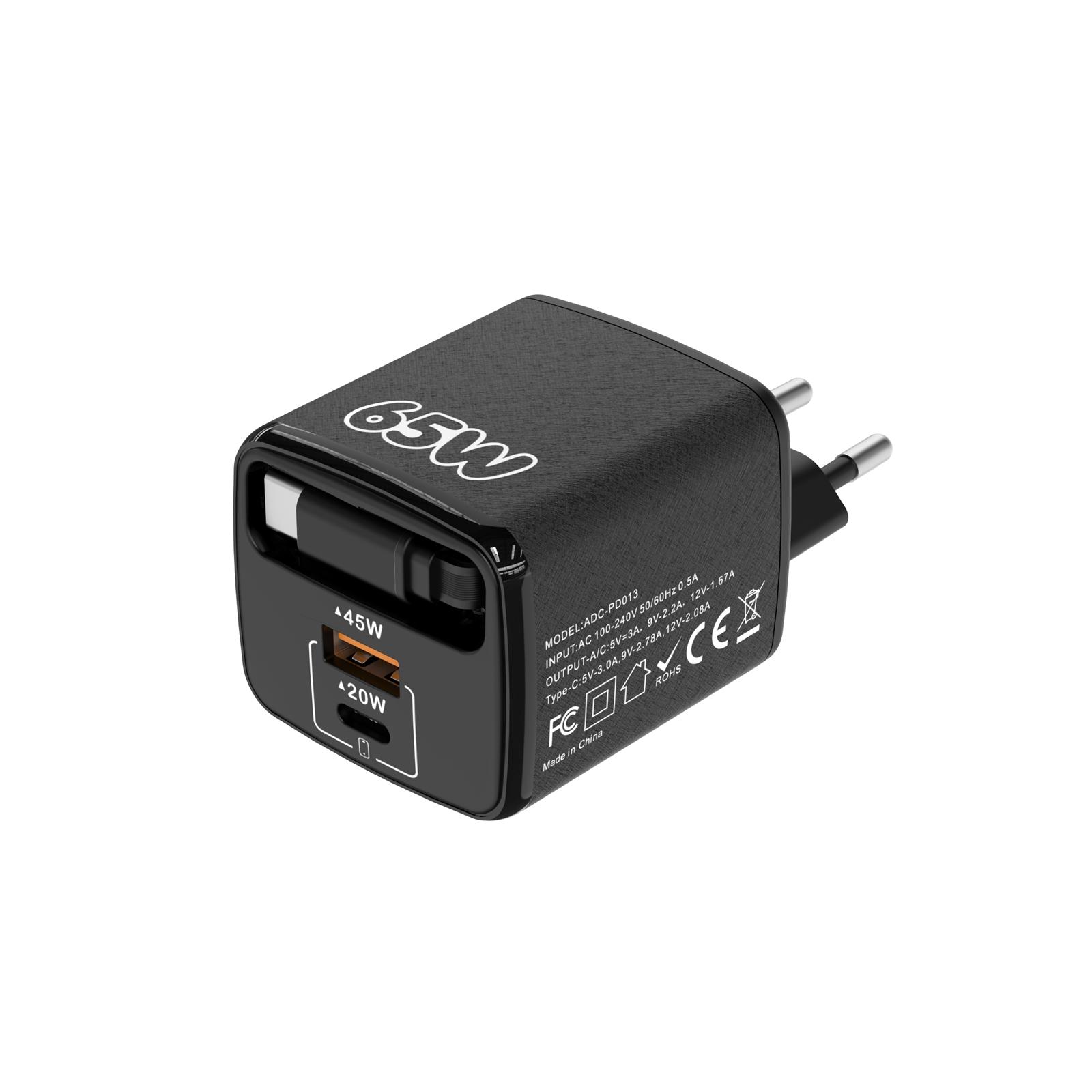 ADC-PD013 Sugar Cube 65W Type-C and USB Dual-port Fast Charger with Type-C Retractable Cable, Plug:EU Plug(Black) - Shopkiz.com