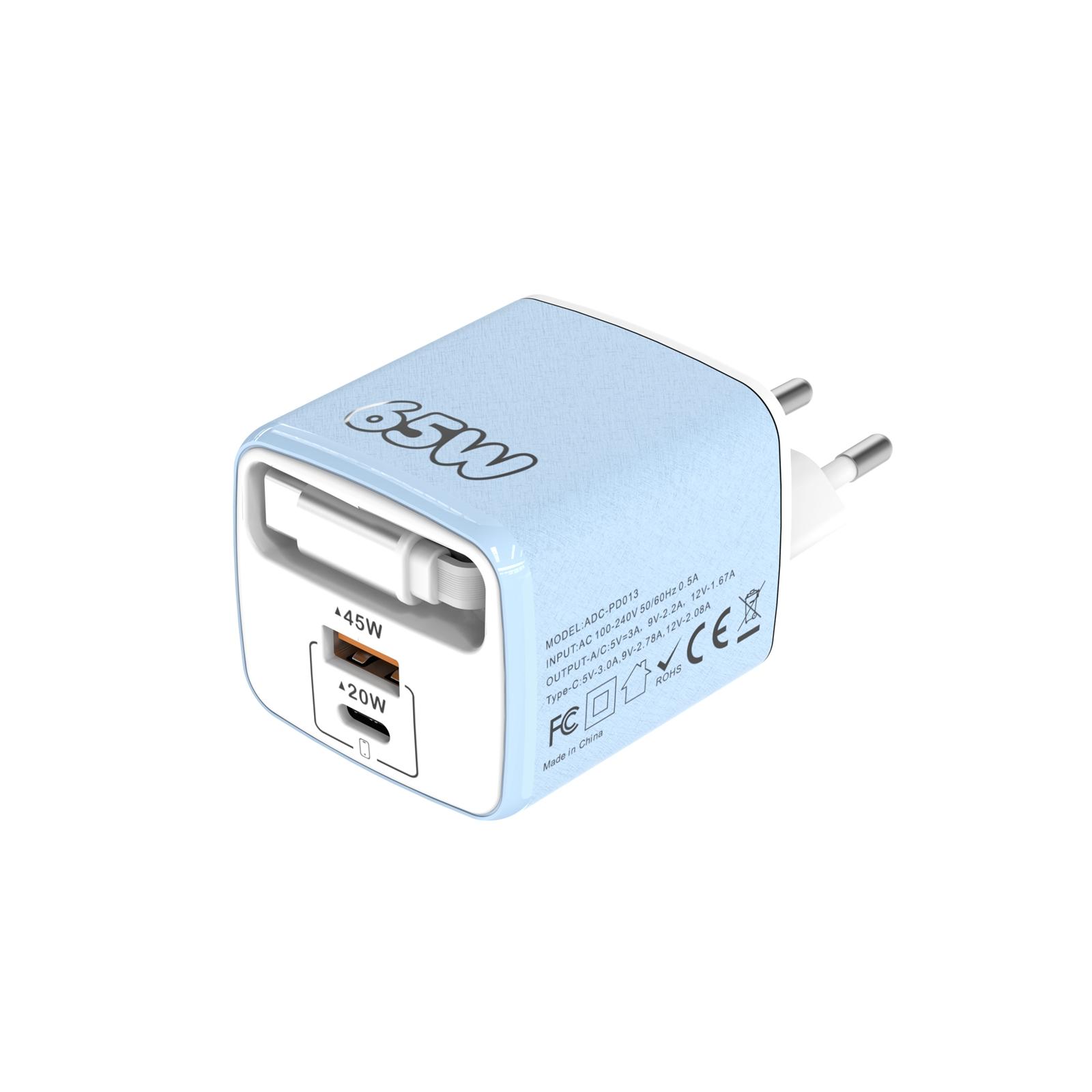 ADC-PD013 Sugar Cube 65W Type-C and USB Dual-port Fast Charger with Type-C Retractable Cable, Plug:EU Plug(Blue) - Shopkiz.com