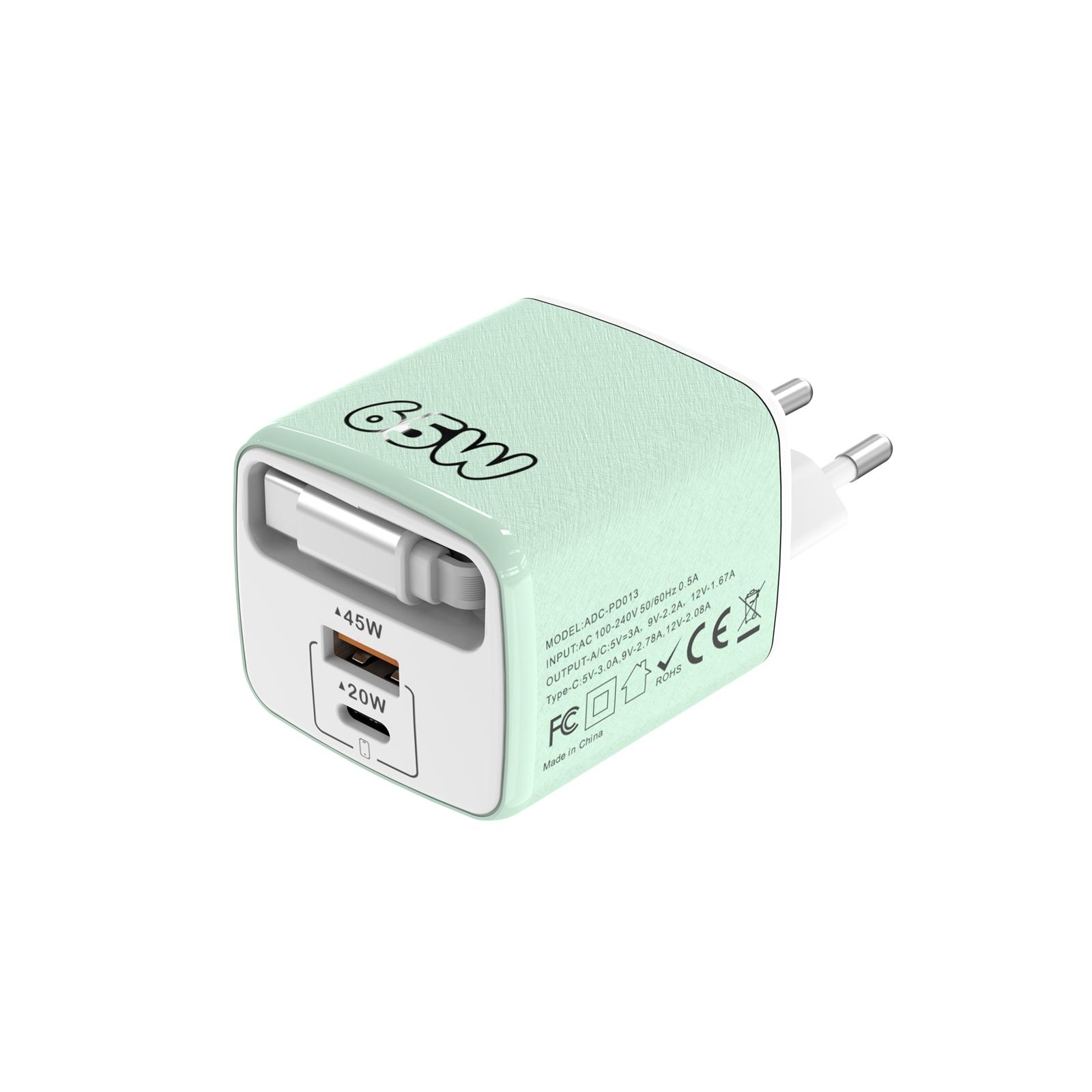 ADC-PD013 Sugar Cube 65W Type-C and USB Dual-port Fast Charger with Type-C Retractable Cable, Plug:EU Plug(Green) - Shopkiz.com