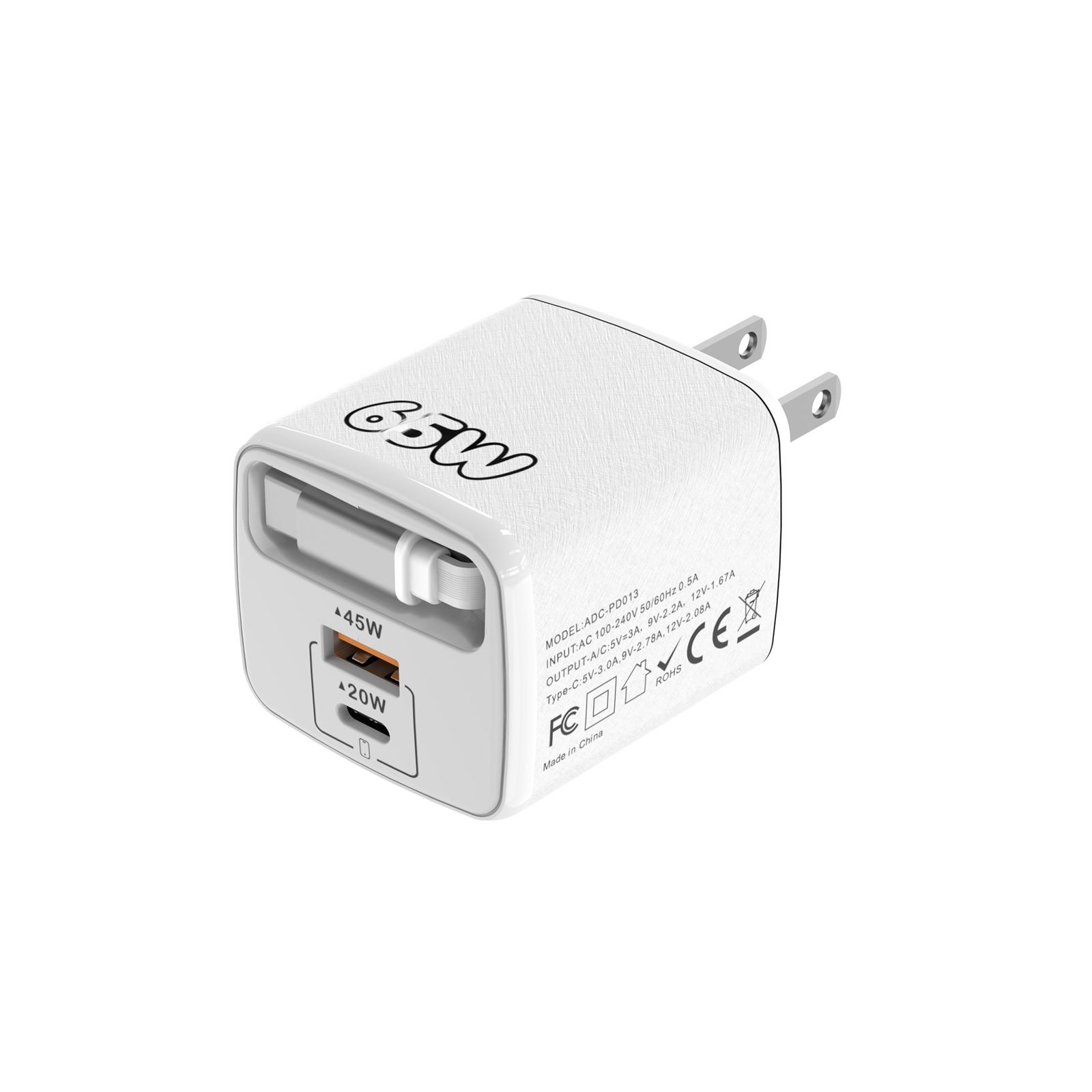 ADC-PD013 Sugar Cube 65W Type-C and USB Dual-port Fast Charger with Type-C Retractable Cable, Plug:US Plug(White) - Shopkiz.com