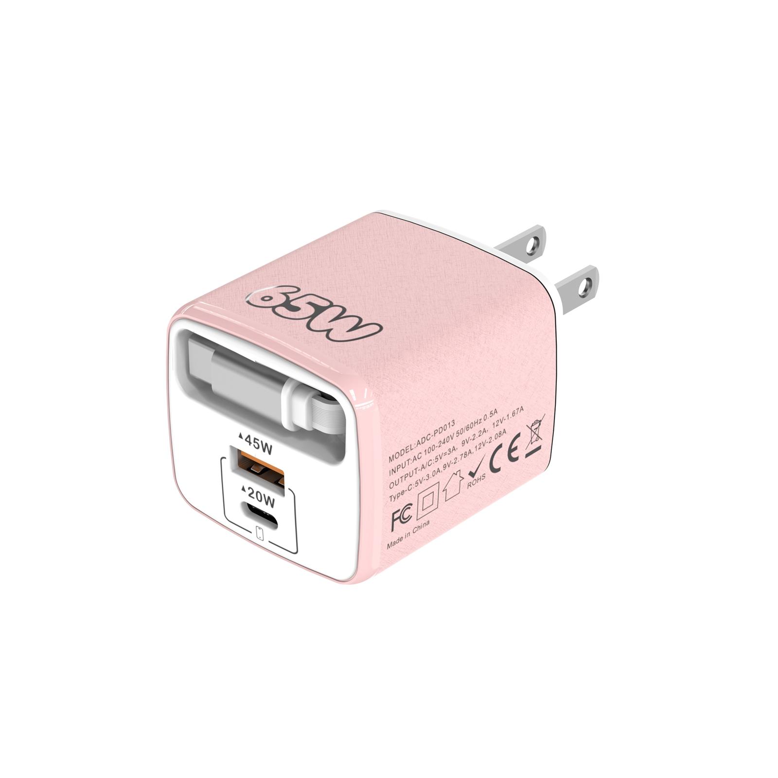 ADC-PD013 Sugar Cube 65W Type-C and USB Dual-port Fast Charger with Type-C Retractable Cable, Plug:US Plug(Pink) - Shopkiz.com