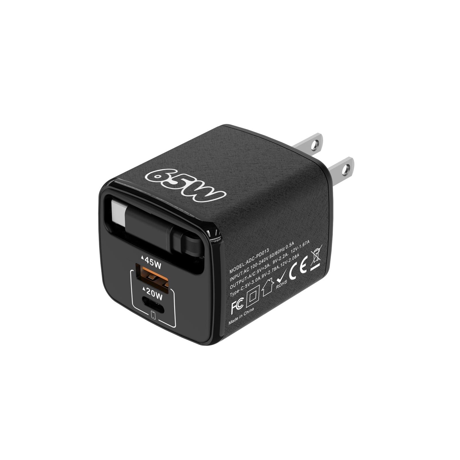 ADC-PD013 Sugar Cube 65W Type-C and USB Dual-port Fast Charger with Type-C Retractable Cable, Plug:US Plug(Black) - Shopkiz.com
