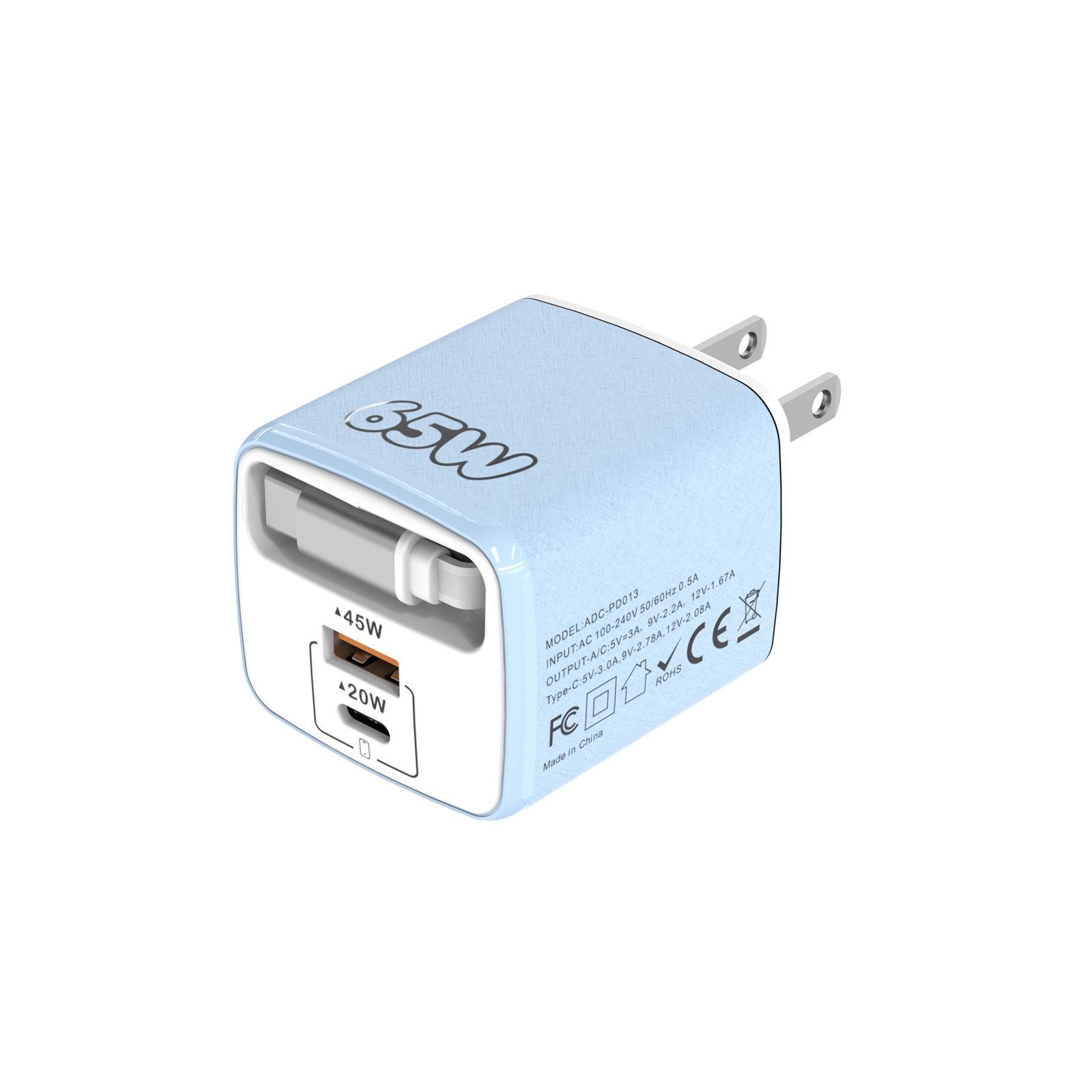 ADC-PD013 Sugar Cube 65W Type-C and USB Dual-port Fast Charger with Type-C Retractable Cable, Plug:US Plug(Blue) - Shopkiz.com