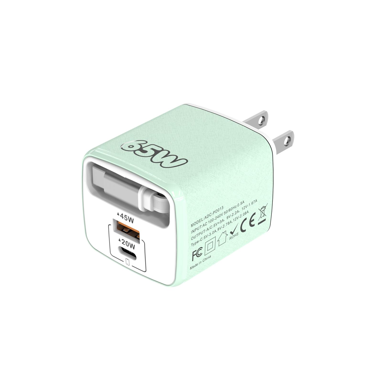ADC-PD013 Sugar Cube 65W Type-C and USB Dual-port Fast Charger with Type-C Retractable Cable, Plug:US Plug(Green) - Shopkiz.com