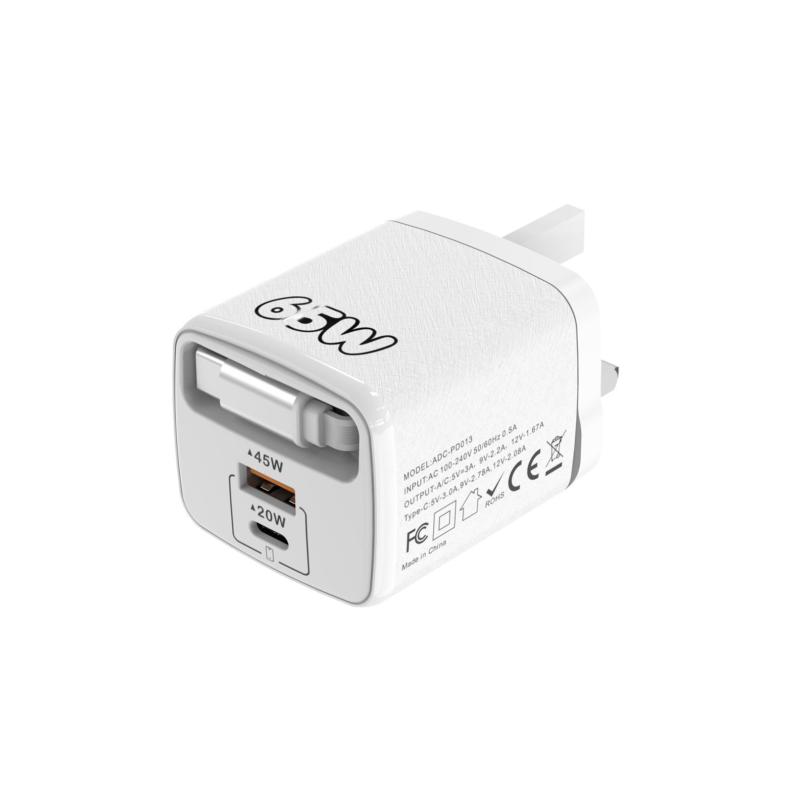ADC-PD013 Sugar Cube 65W Type-C and USB Dual-port Fast Charger with Type-C Retractable Cable, Plug:UK Plug(White) - Shopkiz.com