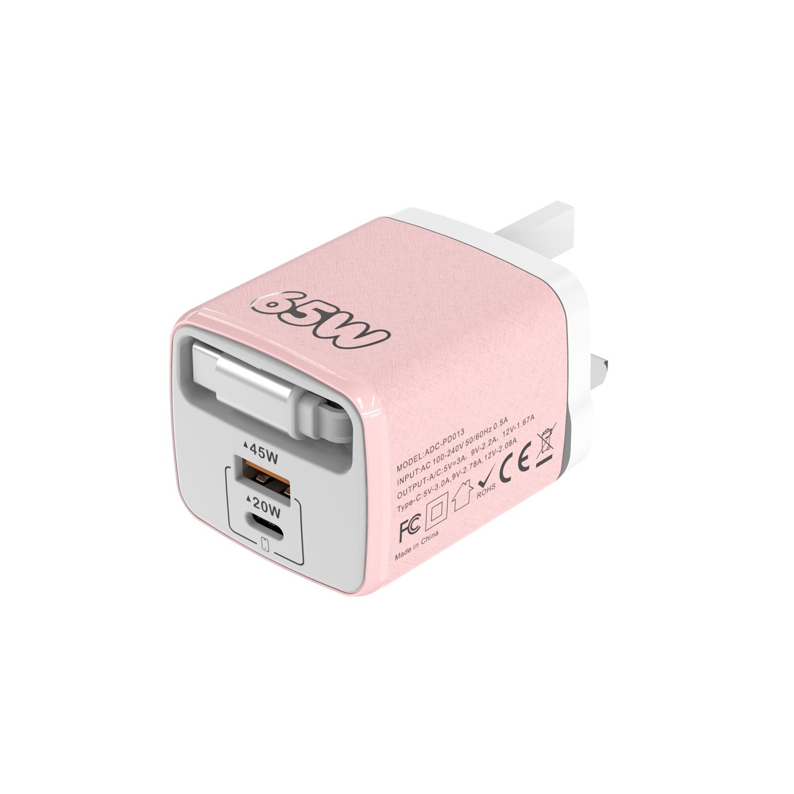 ADC-PD013 Sugar Cube 65W Type-C and USB Dual-port Fast Charger with Type-C Retractable Cable, Plug:UK Plug(Pink) - Shopkiz.com