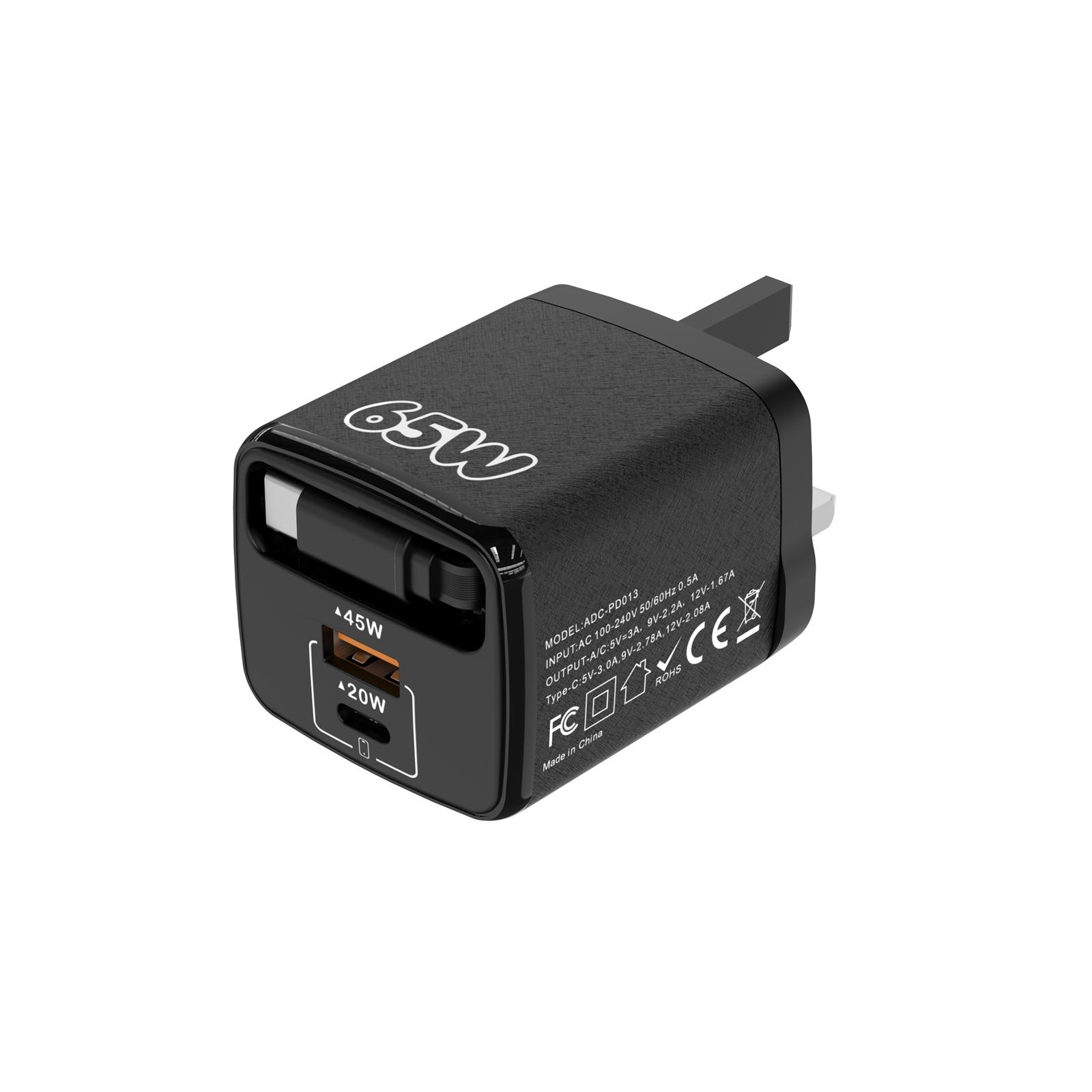 ADC-PD013 Sugar Cube 65W Type-C and USB Dual-port Fast Charger with Type-C Retractable Cable, Plug:UK Plug(Black) - Shopkiz.com