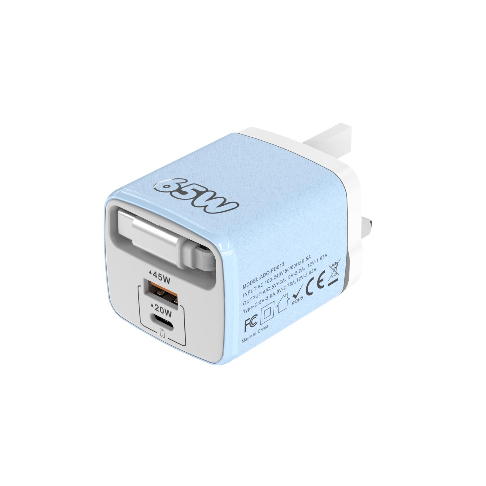 ADC-PD013 Sugar Cube 65W Type-C and USB Dual-port Fast Charger with Type-C Retractable Cable, Plug:UK Plug(Blue) - Shopkiz.com