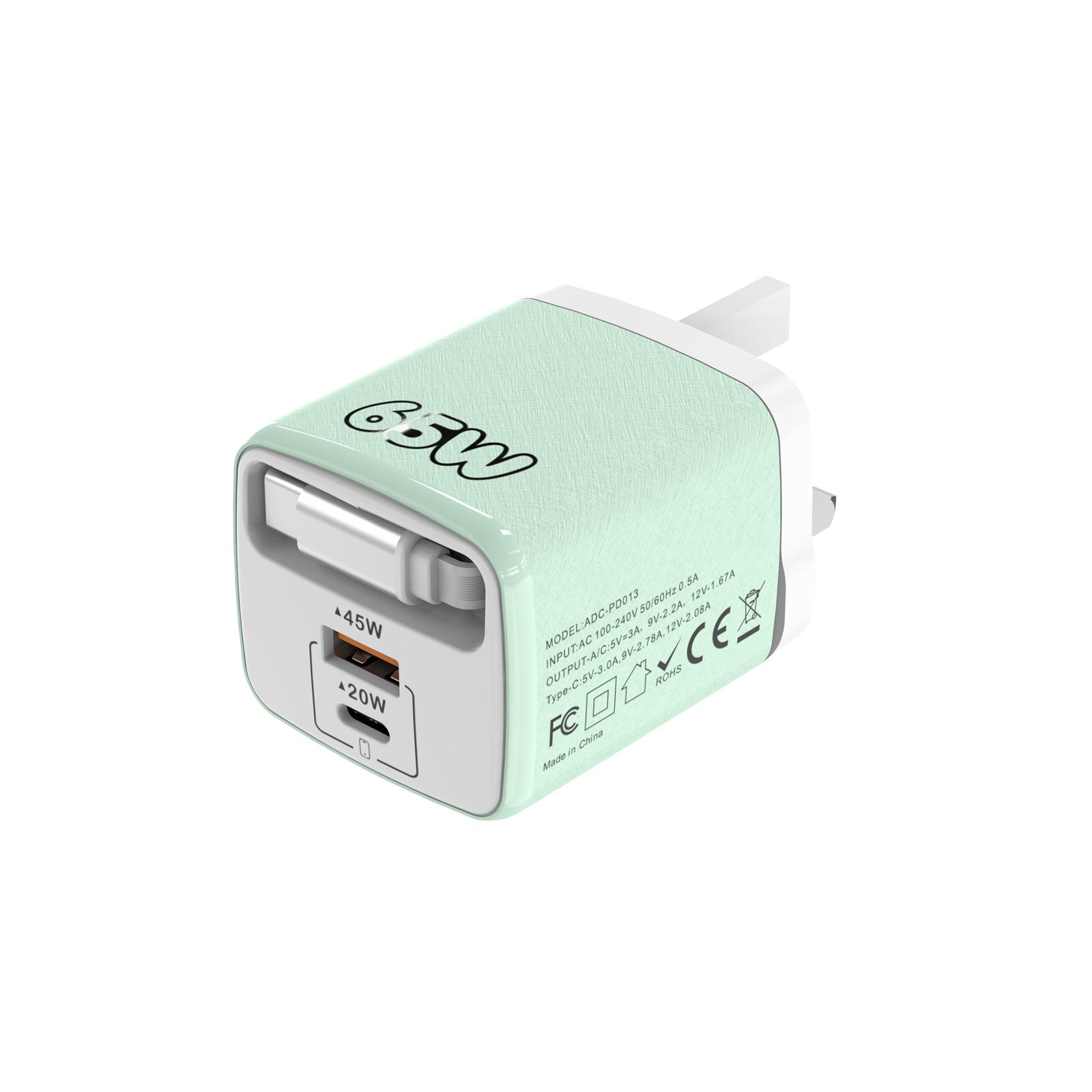 ADC-PD013 Sugar Cube 65W Type-C and USB Dual-port Fast Charger with Type-C Retractable Cable, Plug:UK Plug(Green) - Shopkiz.com